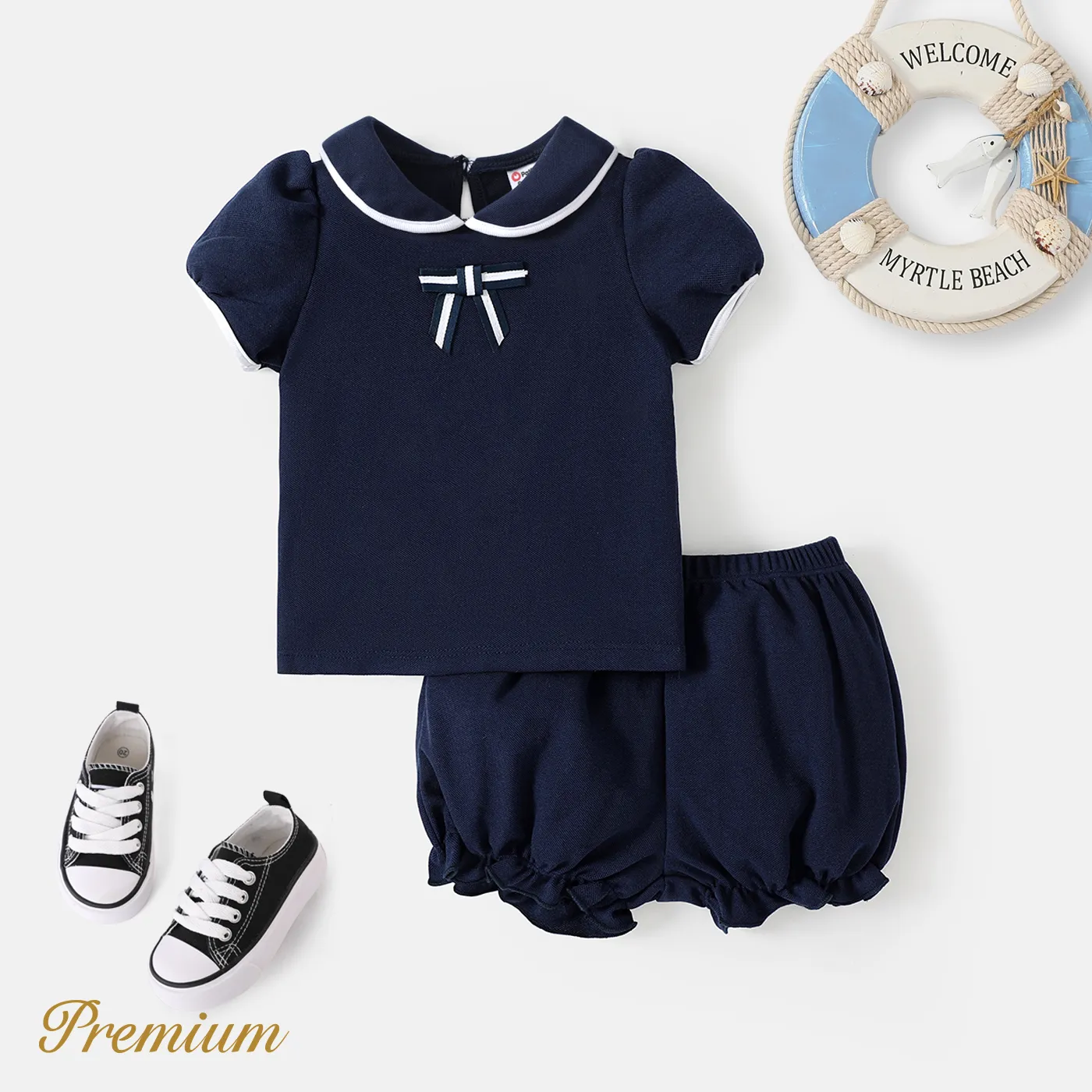 <Sailor's Delight> 2pcs Baby Girl Top and Shorts Set royalblue big image 1