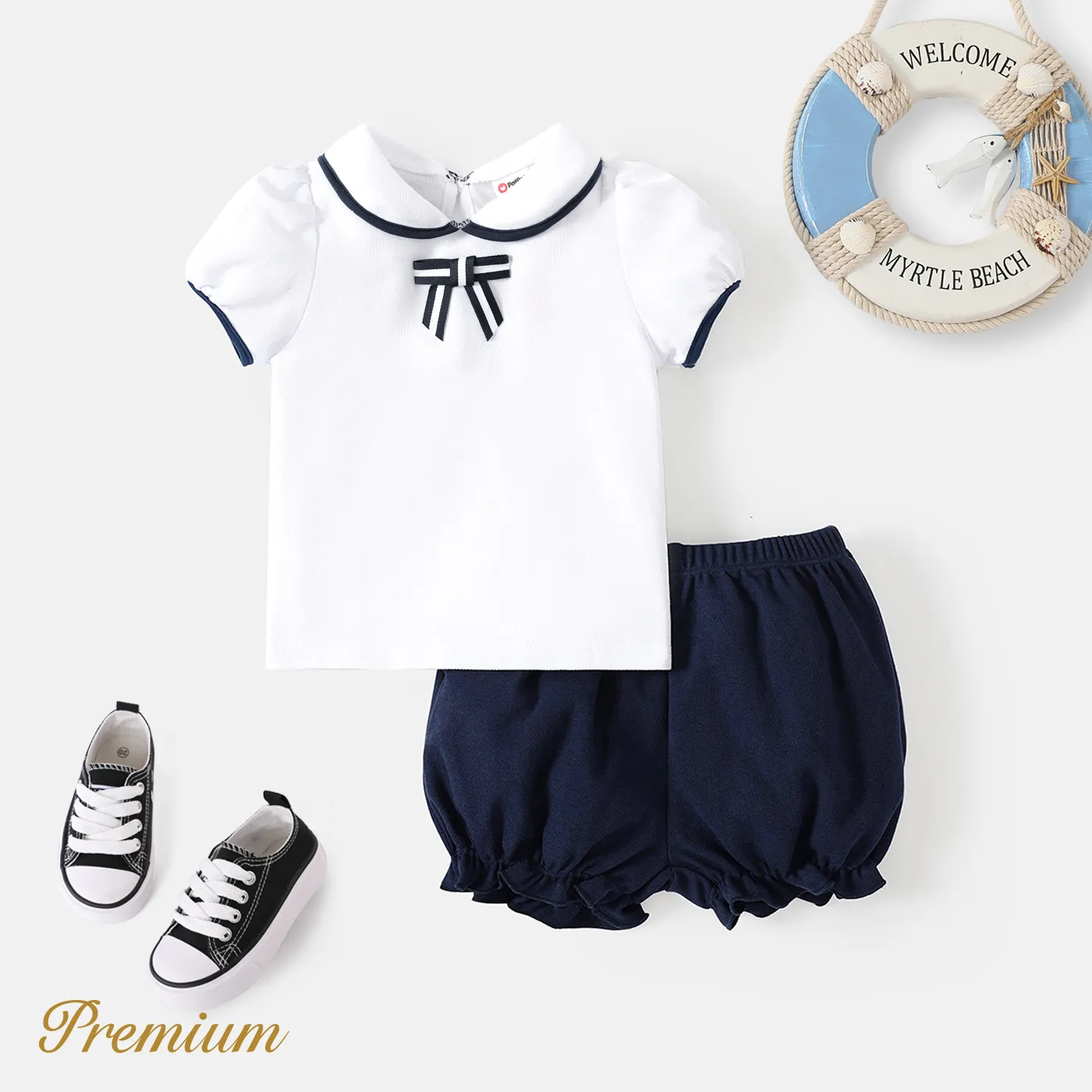 <Sailor's Delight> 2pcs Baby Girl Top and Shorts Set White/blue