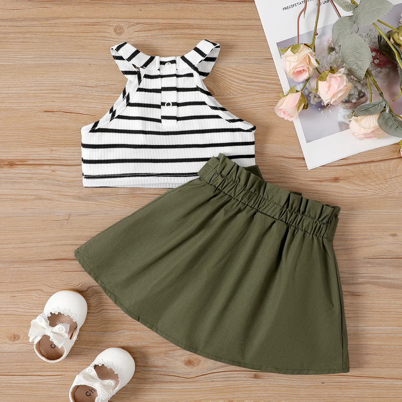 2pcs Baby Girl Stripe Ribbed Halter Neck Top and Belted Solid Skirt Set Army green big image 1