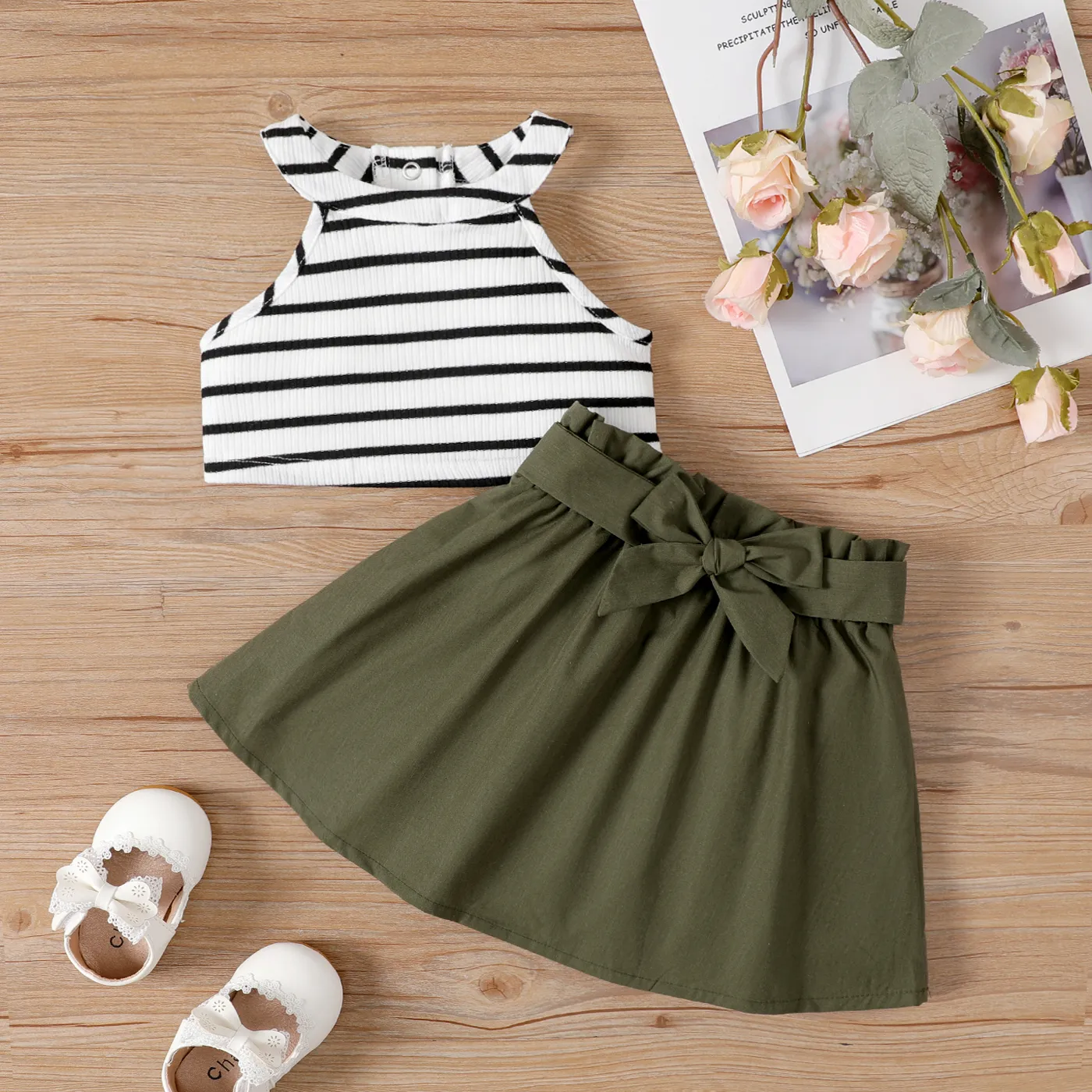 2pcs Baby Girl Stripe Ribbed Halter Neck Top And Belted Solid Skirt Set