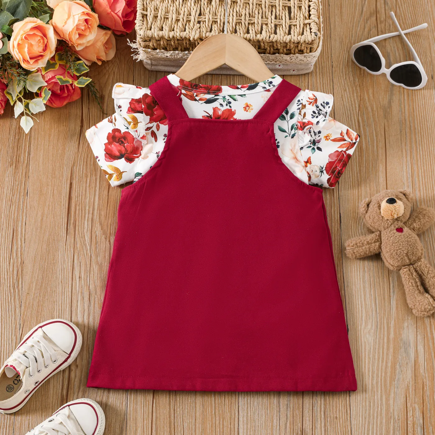 2pcs Toddler Girl Bear Embroidered Overall Dress and Floral Print Ruffled Tee Set Red image 2