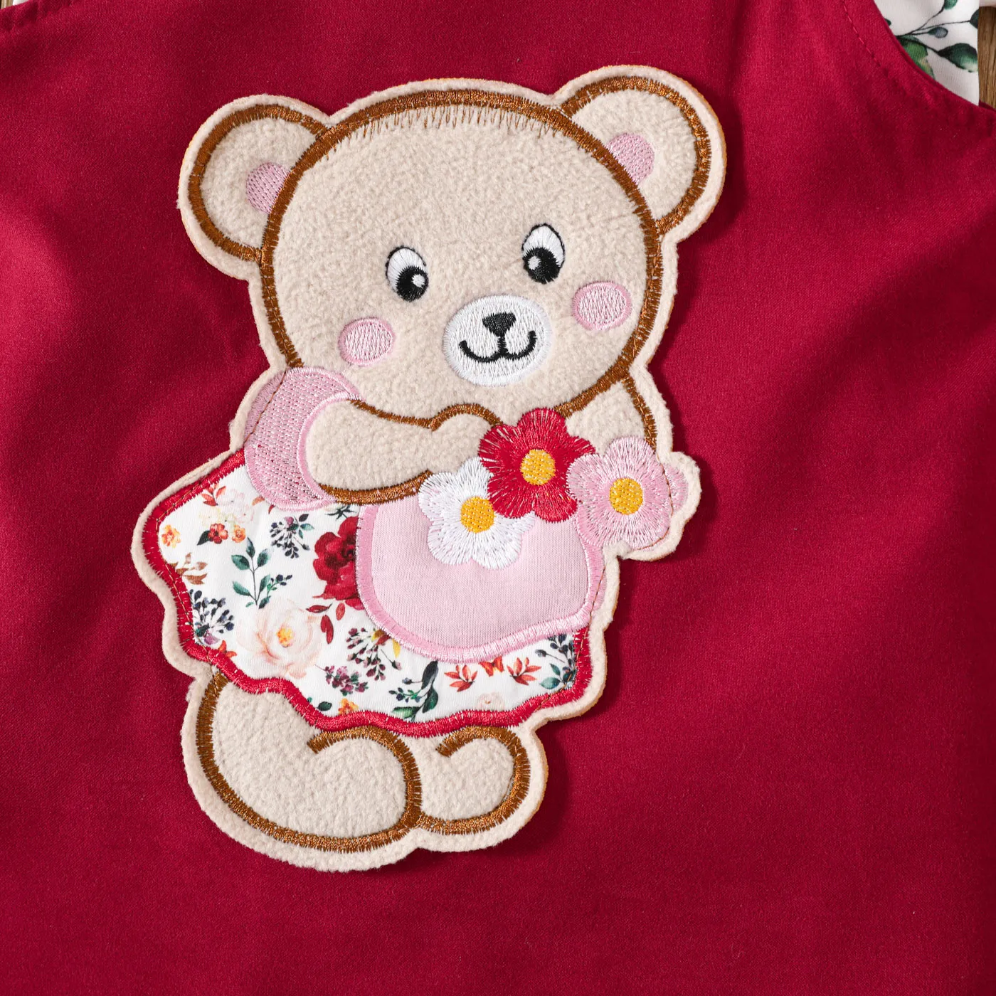 2pcs Toddler Girl Bear Embroidered Overall Dress and Floral Print Ruffled Tee Set Red image 3