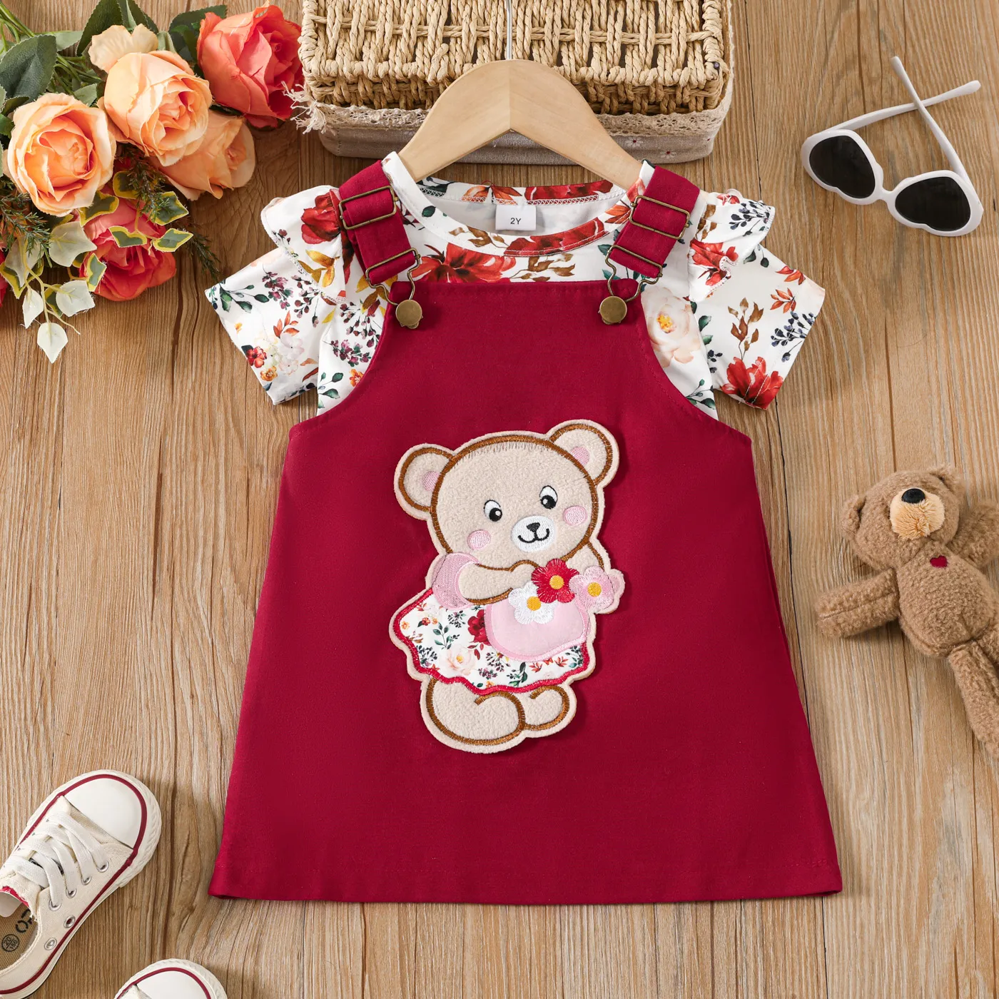 2pcs Toddler Girl Bear Embroidered Overall Dress and Floral Print Ruffled Tee Set