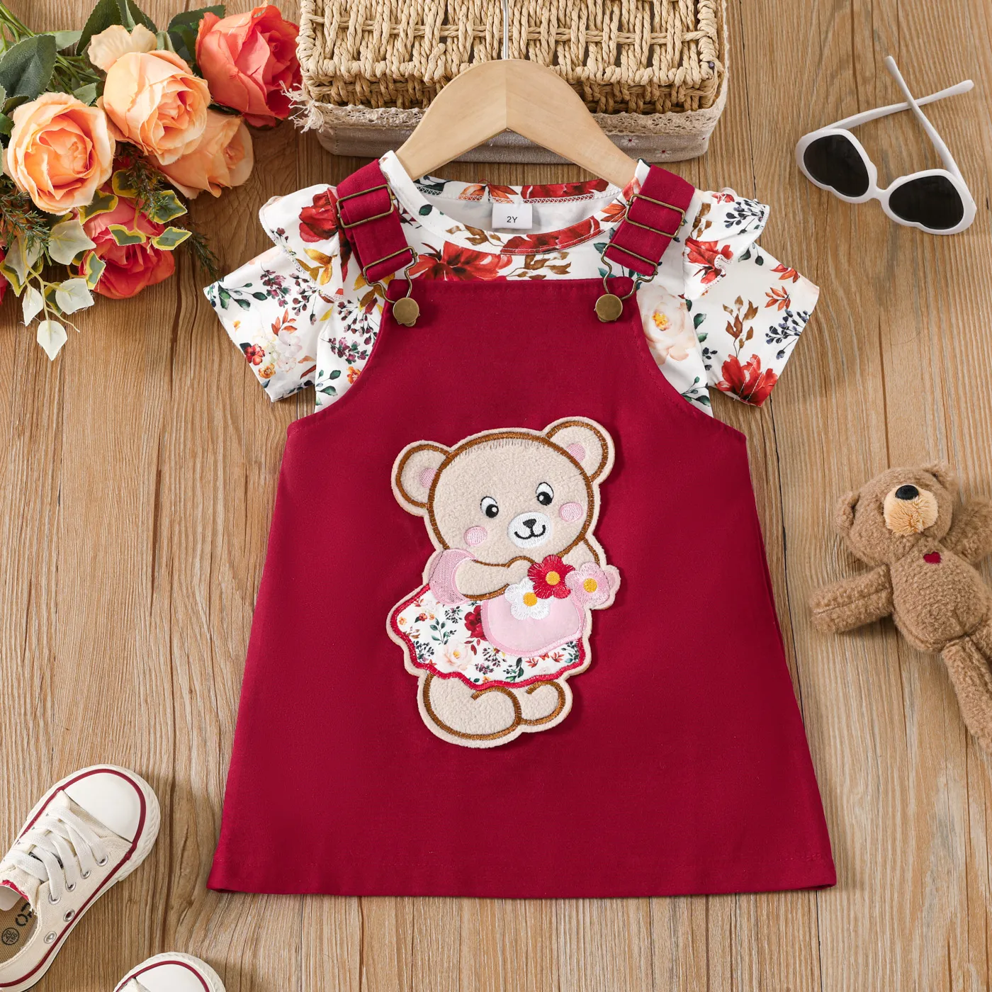 2pcs Toddler Girl Bear Embroidered Overall Dress and Floral Print Ruffled Tee Set Red big image 1
