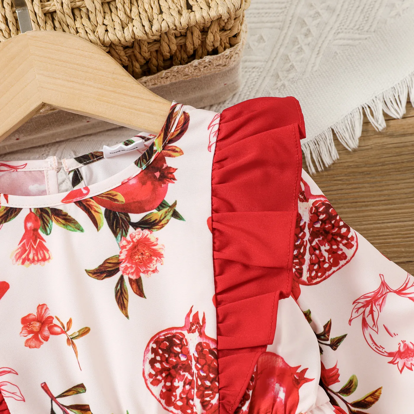Toddler Girl  Fruits and Vegetables Pattern Ruffle Edge Dress REDWHITE image 3