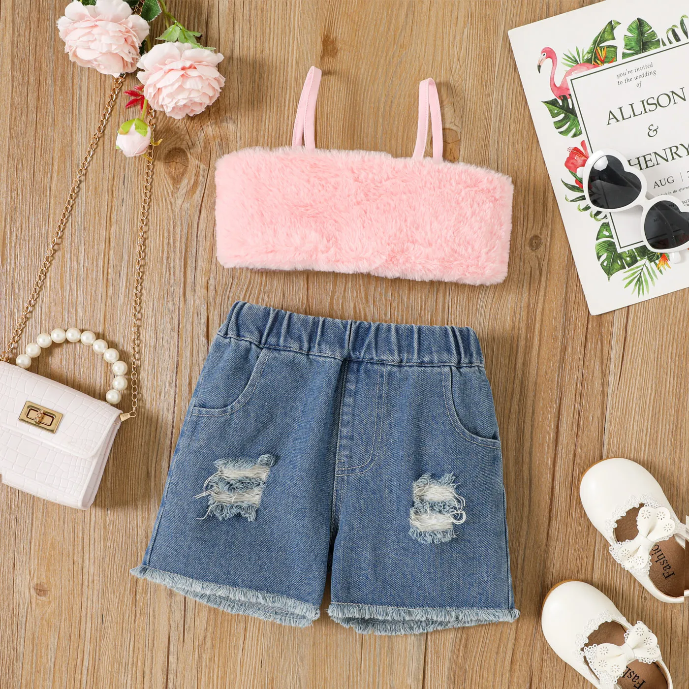 2pcs Toddler Girl Fluffy Fuzzy Cami Top And Ripped Denim Shorts Set