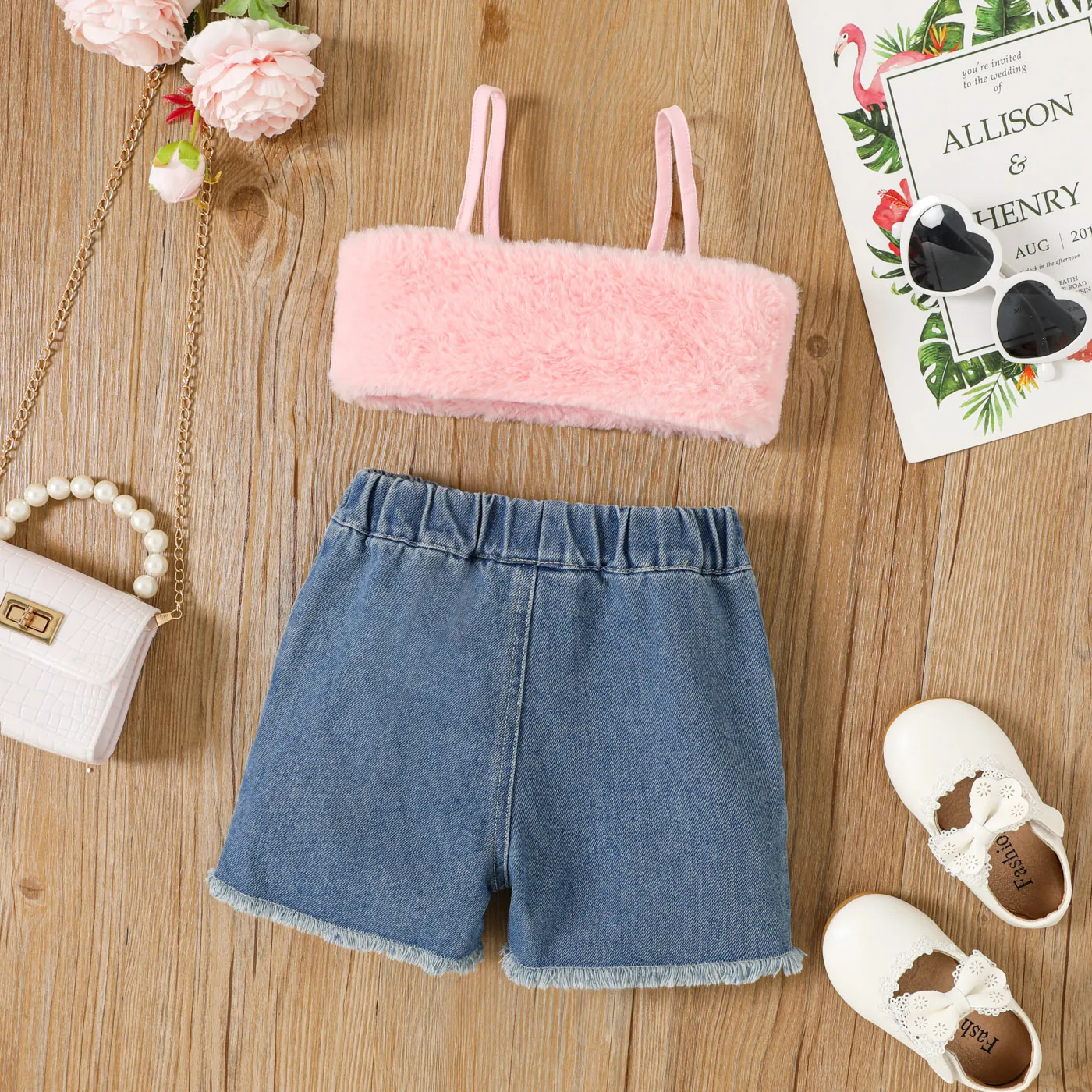2pcs Toddler Girl Fluffy Fuzzy Cami Top and Ripped Denim Shorts Set  image 2