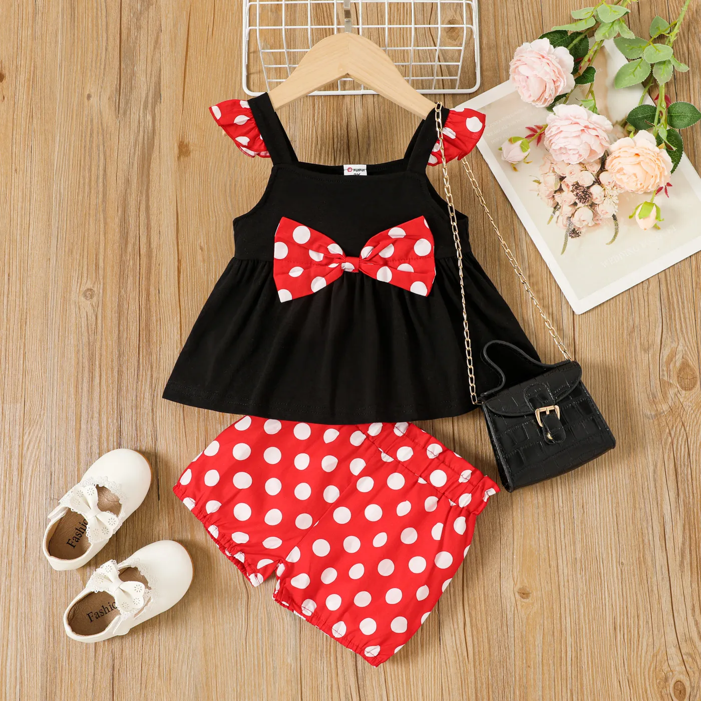2pcs Toddler Girl Polka Dots Bow Front Flutter-sleeve Cotton Camisole And Shorts Set
