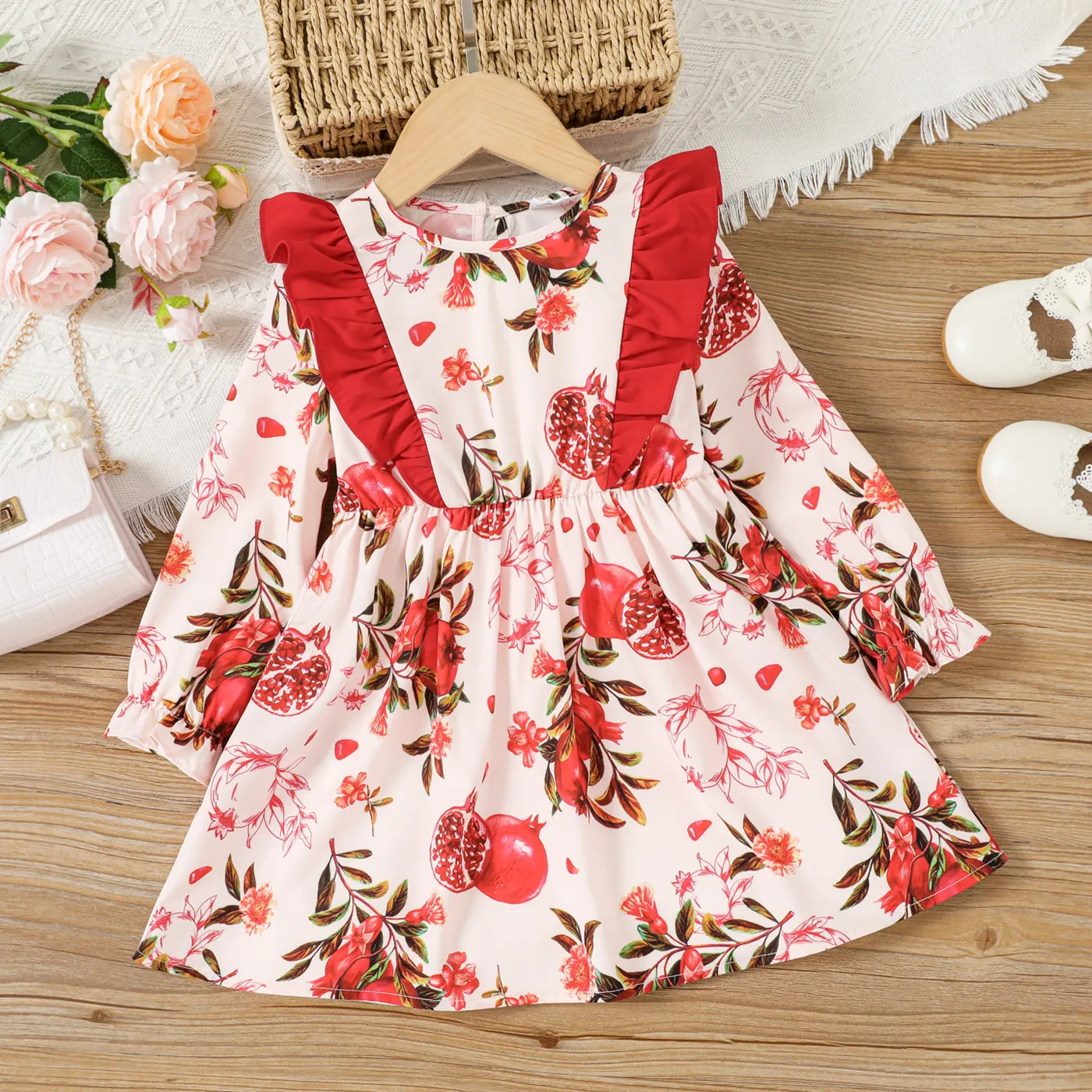 Toddler Girl  Fruits and Vegetables Pattern Ruffle Edge Dress REDWHITE big image 1