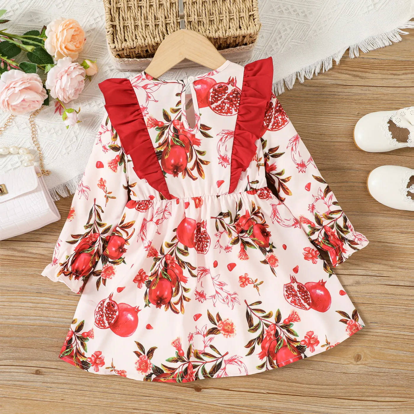 Toddler Girl  Fruits and Vegetables Pattern Ruffle Edge Dress REDWHITE image 2