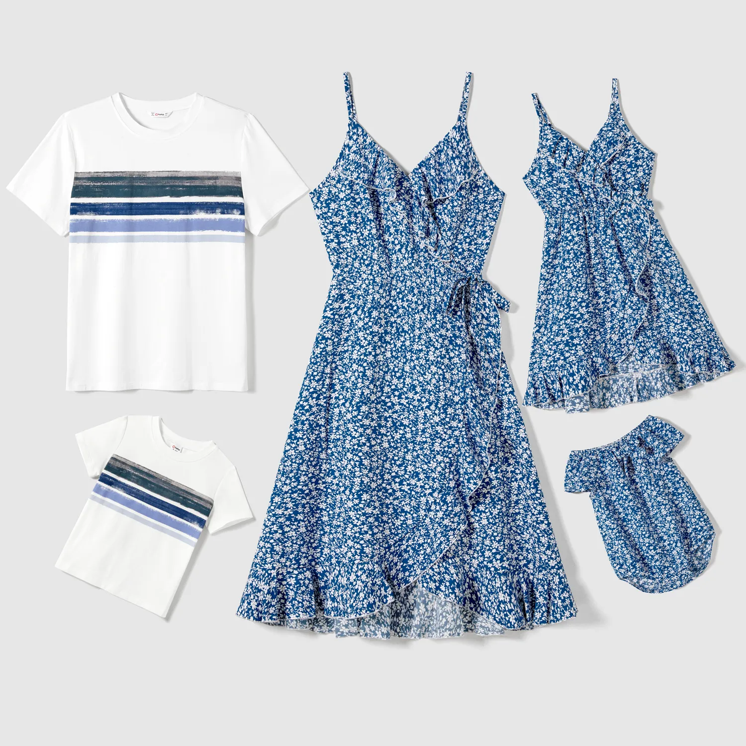 Family Matching Allover Floral Print Ruffled Slip Dresses And Cotton Striped T-shirts Sets