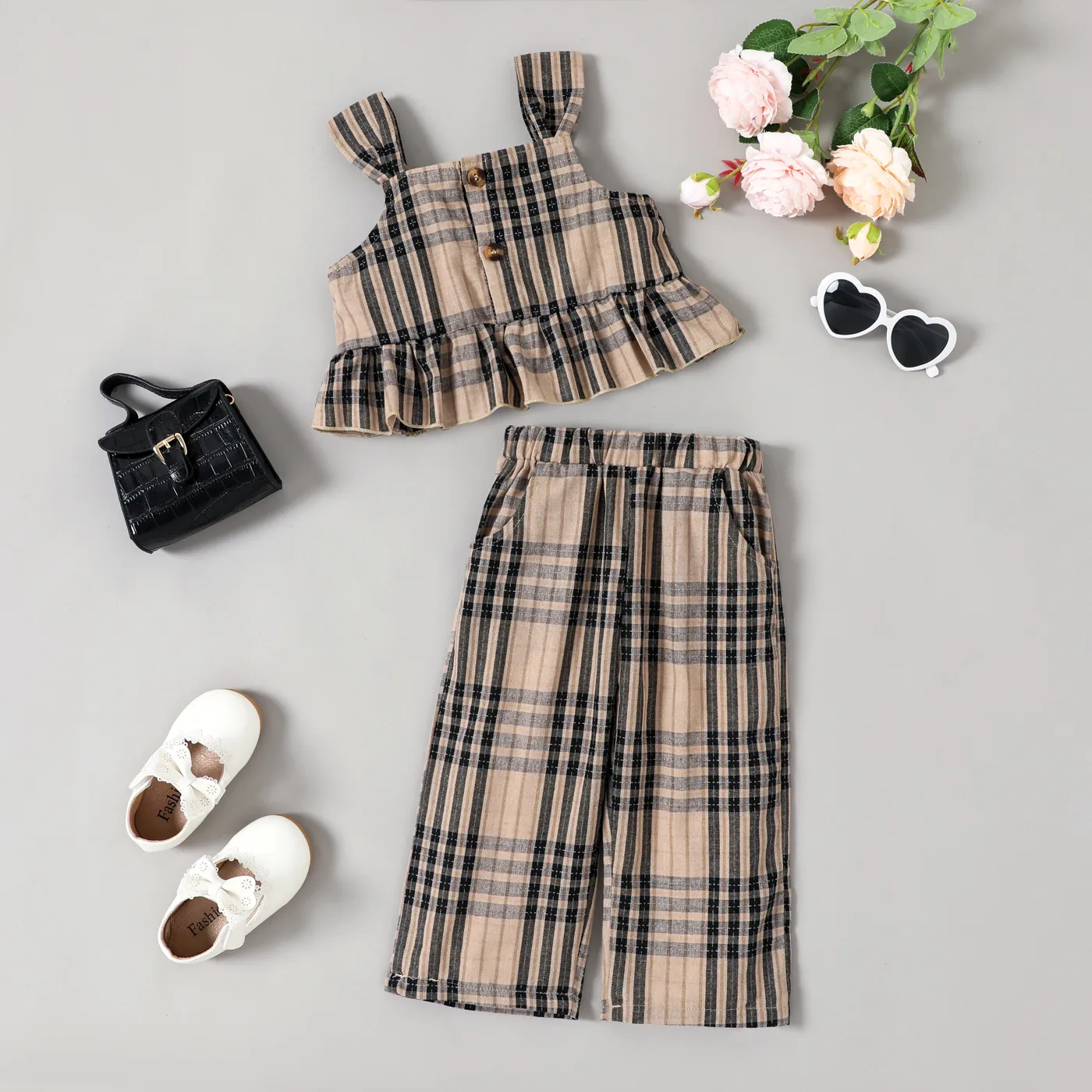 2pcs Toddler Girl Ruffle Hem Plaid Camisole and Pants Set 