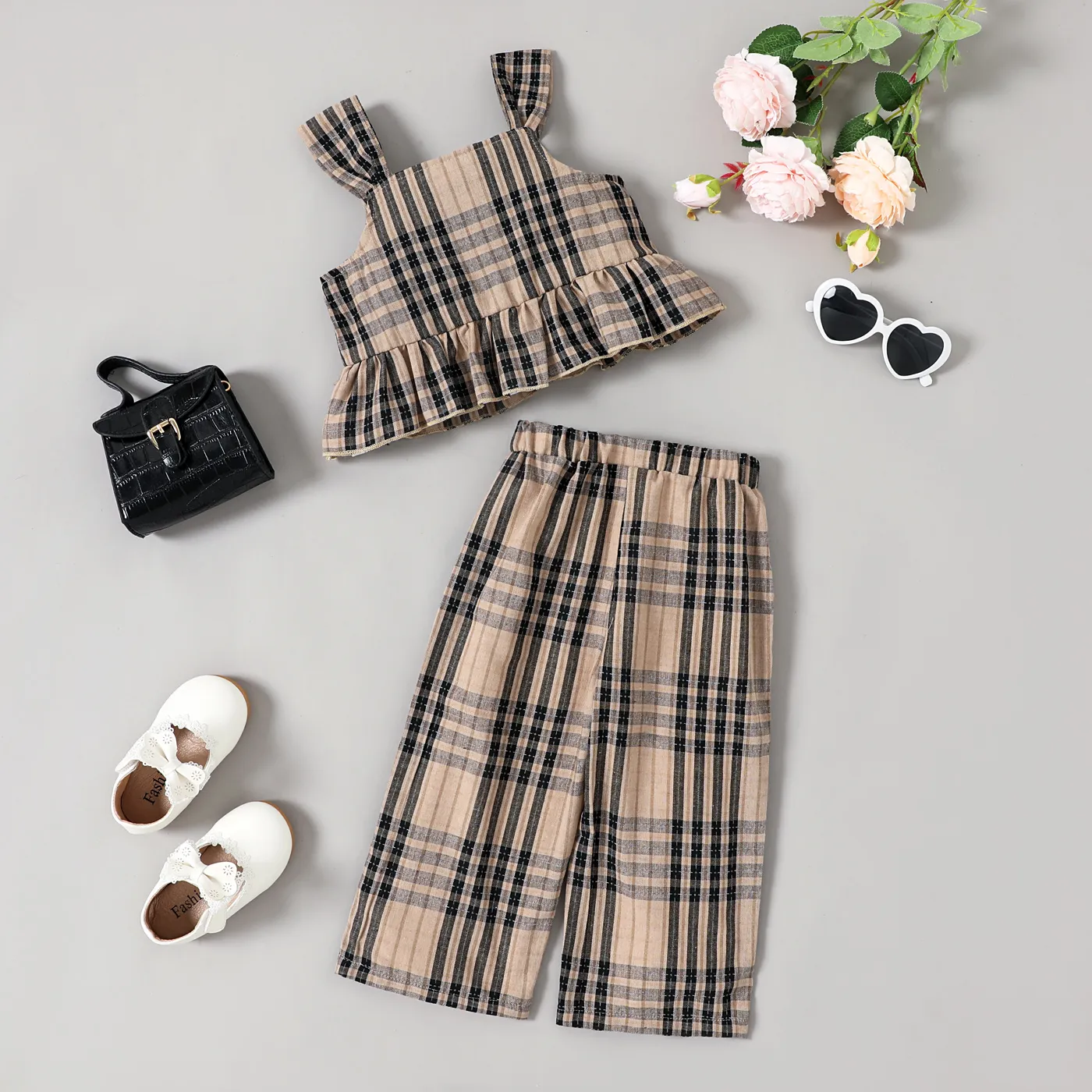 2pcs Toddler Girl Ruffle Hem Plaid Camisole and Pants Set   image 2