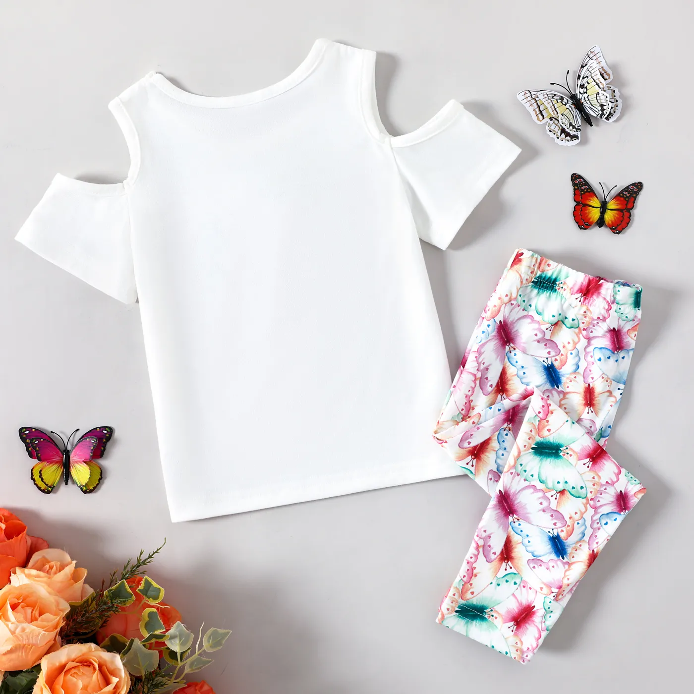 2pcs Toddler Girl Butterfly & Floral Print Short-sleeve Tee and Pants Set Pink image 2