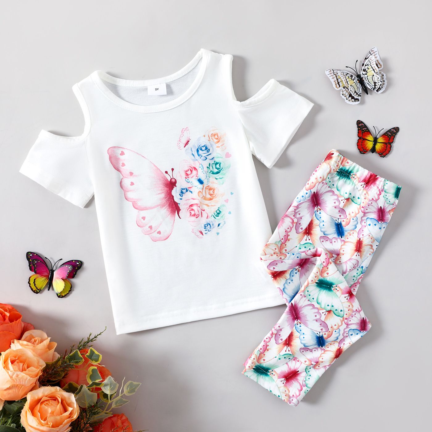 2pcs Toddler Girl Butterfly & Floral Print Short-sleeve Tee And Pants Set