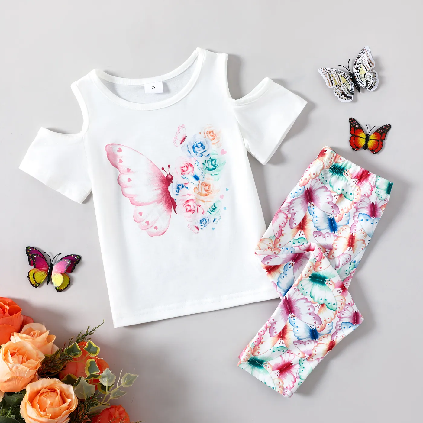 2pcs Toddler Girl Butterfly & Floral Print Short-sleeve Tee and Pants Set Pink big image 1