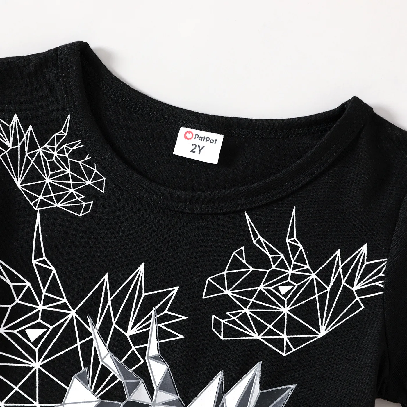 2pcs Toddler Boy Geometric Dinosaur Print Short-sleeve Tee and Ripped Denim Shorts Set  Black image 5