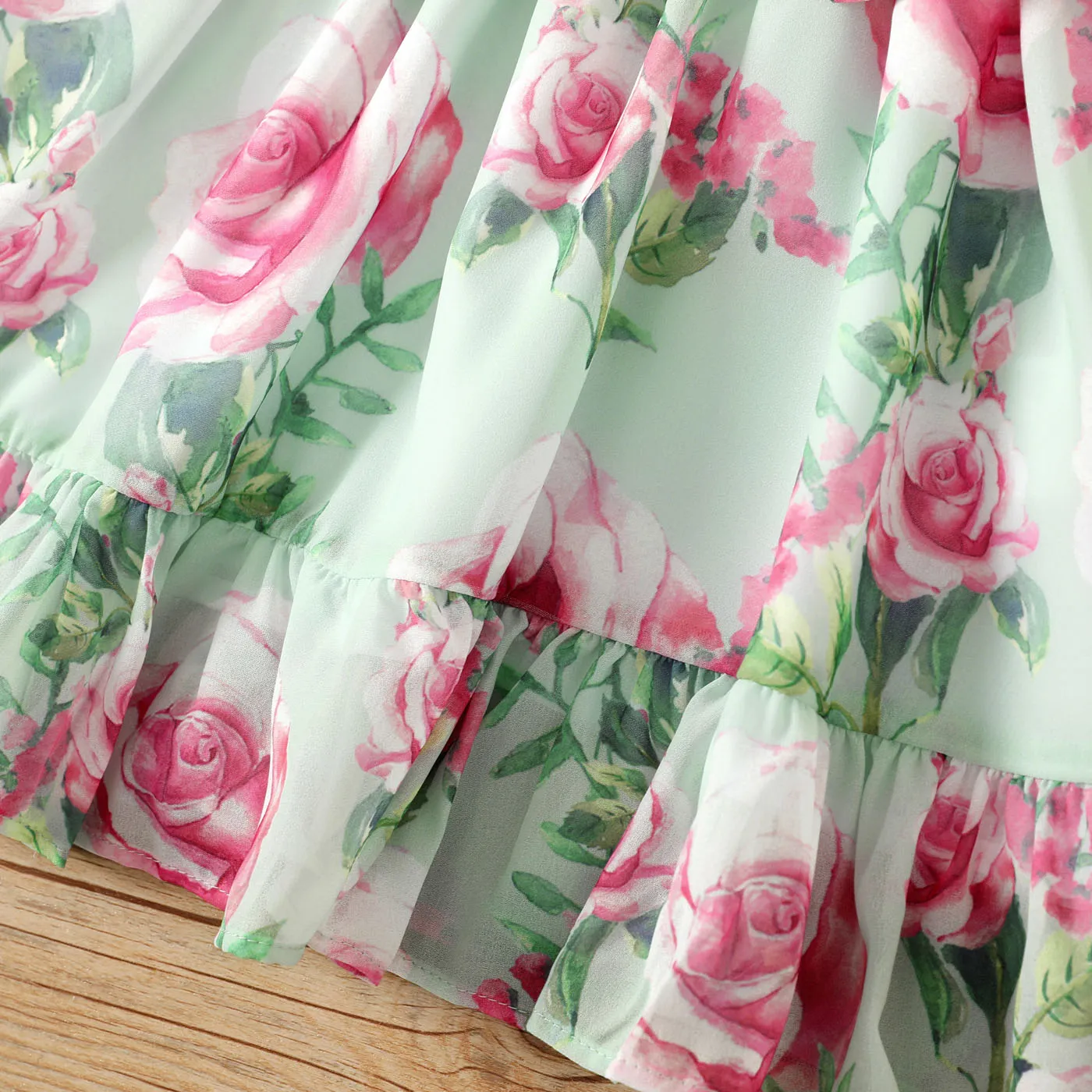 Toddler Girl Allover Floral Rose Print Belted Halter Neck Dress  Green image 5