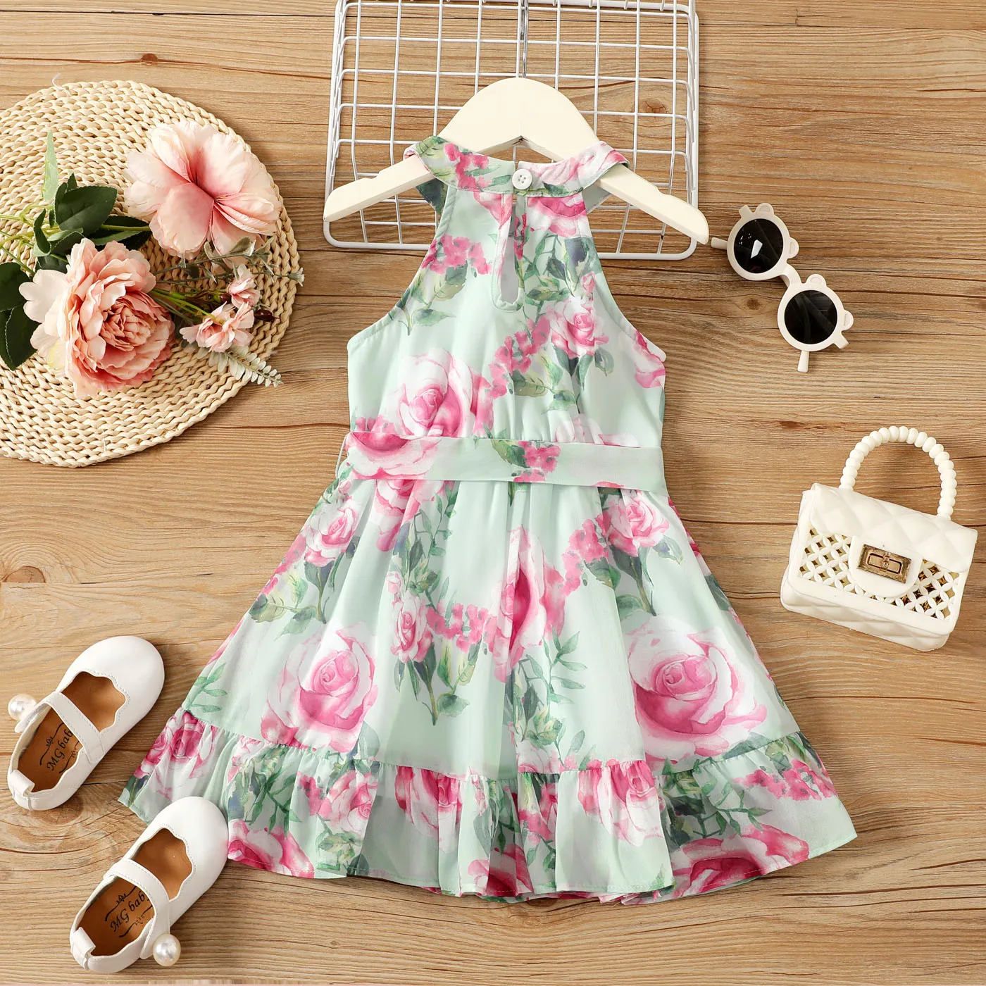 Toddler Girl Allover Floral Rose Print Belted Halter Neck Dress  Green image 2