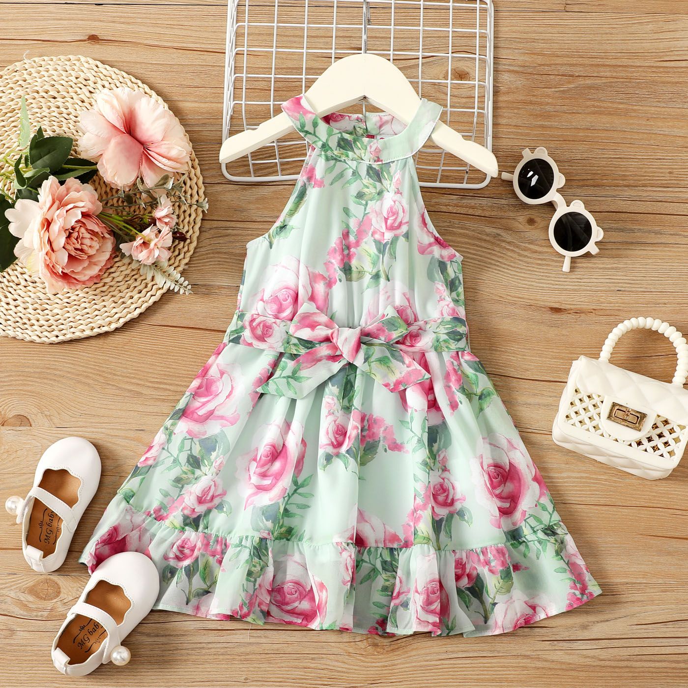 

Toddler Girl Allover Floral Rose Print Belted Halter Neck Dress