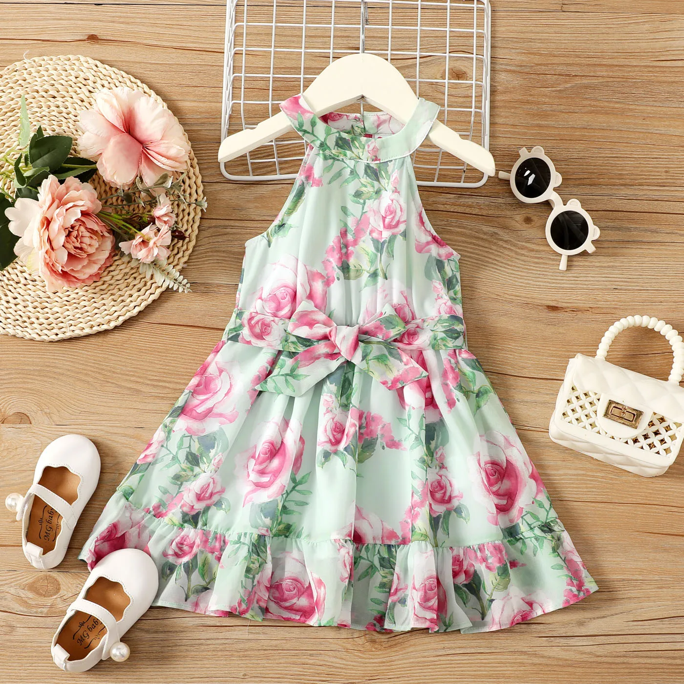 Toddler Girl Allover Floral Rose Print Belted Halter Neck Dress  Green big image 1