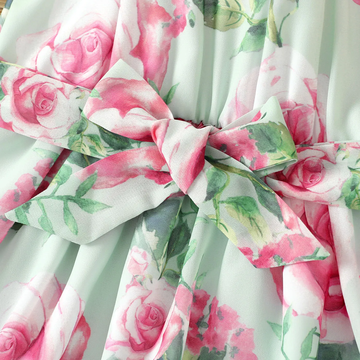 Toddler Girl Allover Floral Rose Print Belted Halter Neck Dress  Green image 4