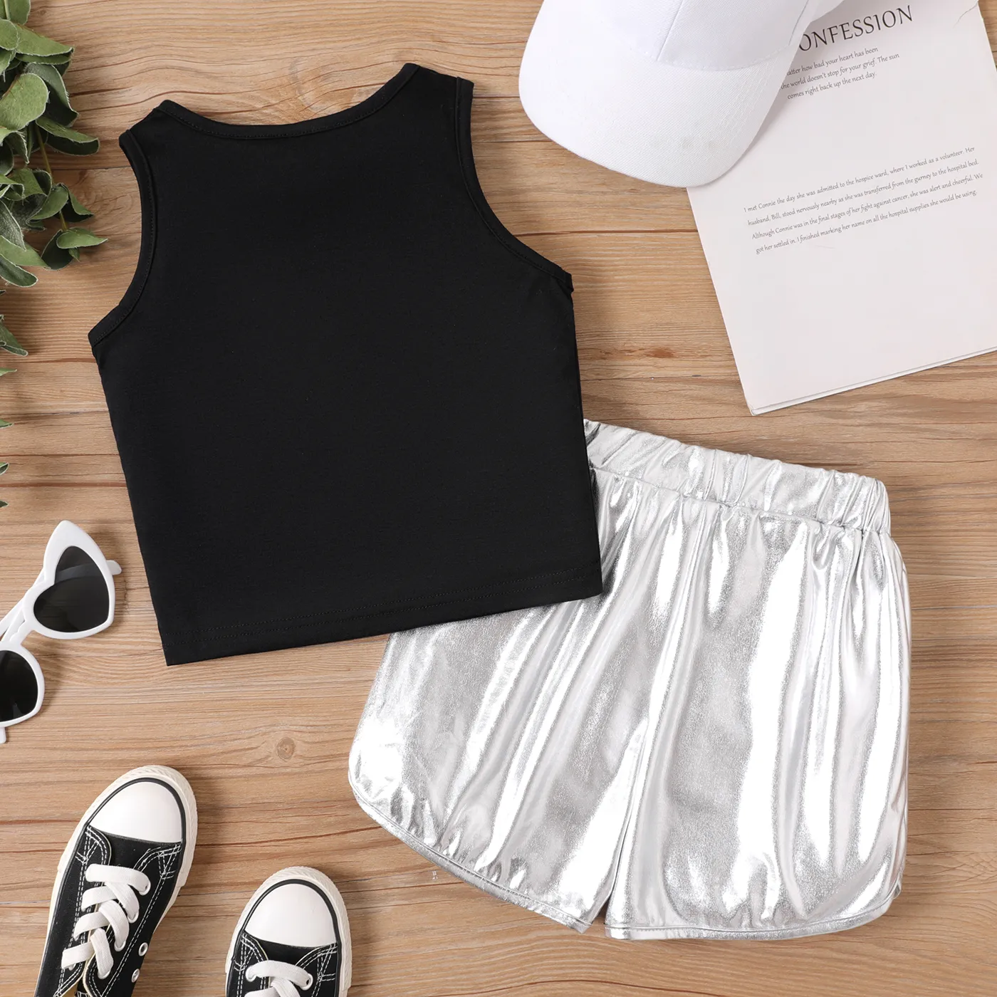 2pcs Kid Girl Letter Print Tank Top and Solid Shorts Set  Black image 2