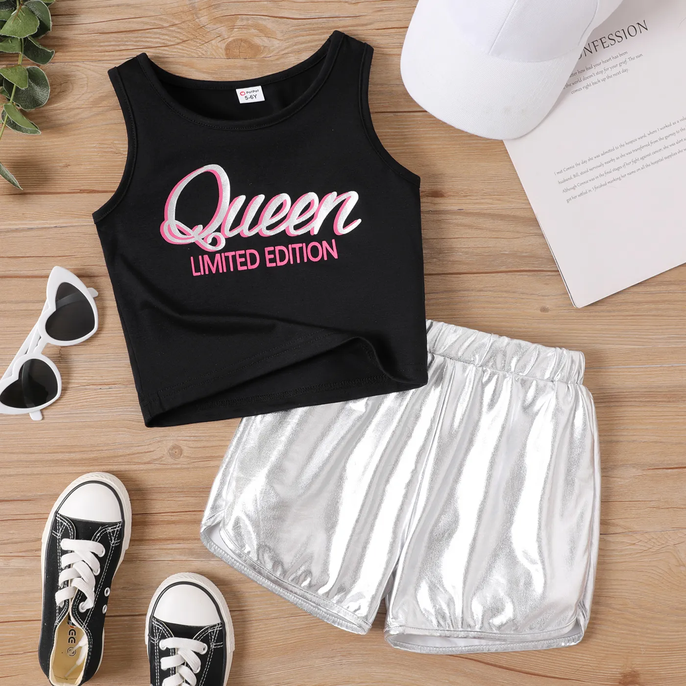 2pcs Kid Girl Letter Print Tank Top and Solid Shorts Set  Black big image 1