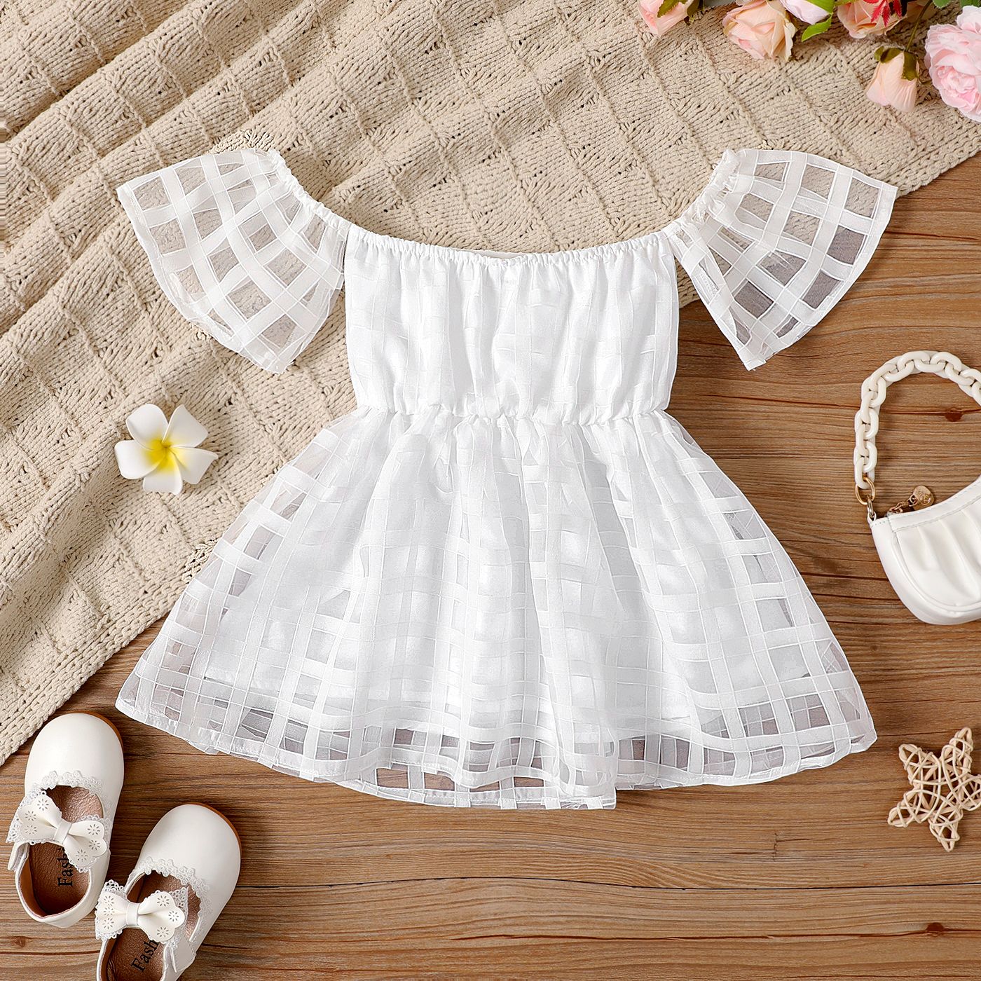 Toddler Girl White Plaid Off-Shoulder Short-sleeve Dress