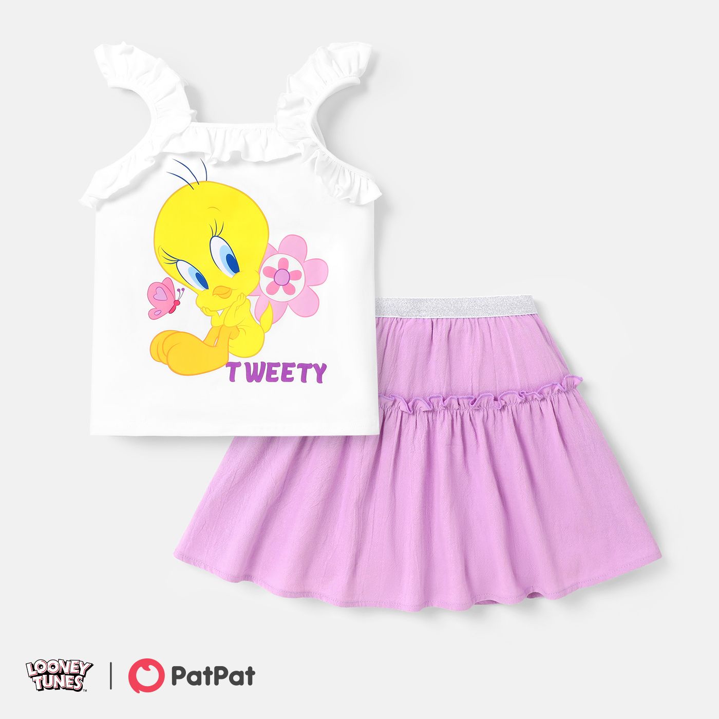 

Looney Tunes Kid Girl 2pcs Character Print Ruffled Cotton Tank Top and 100% Cotton Frill Trim Skirt Set