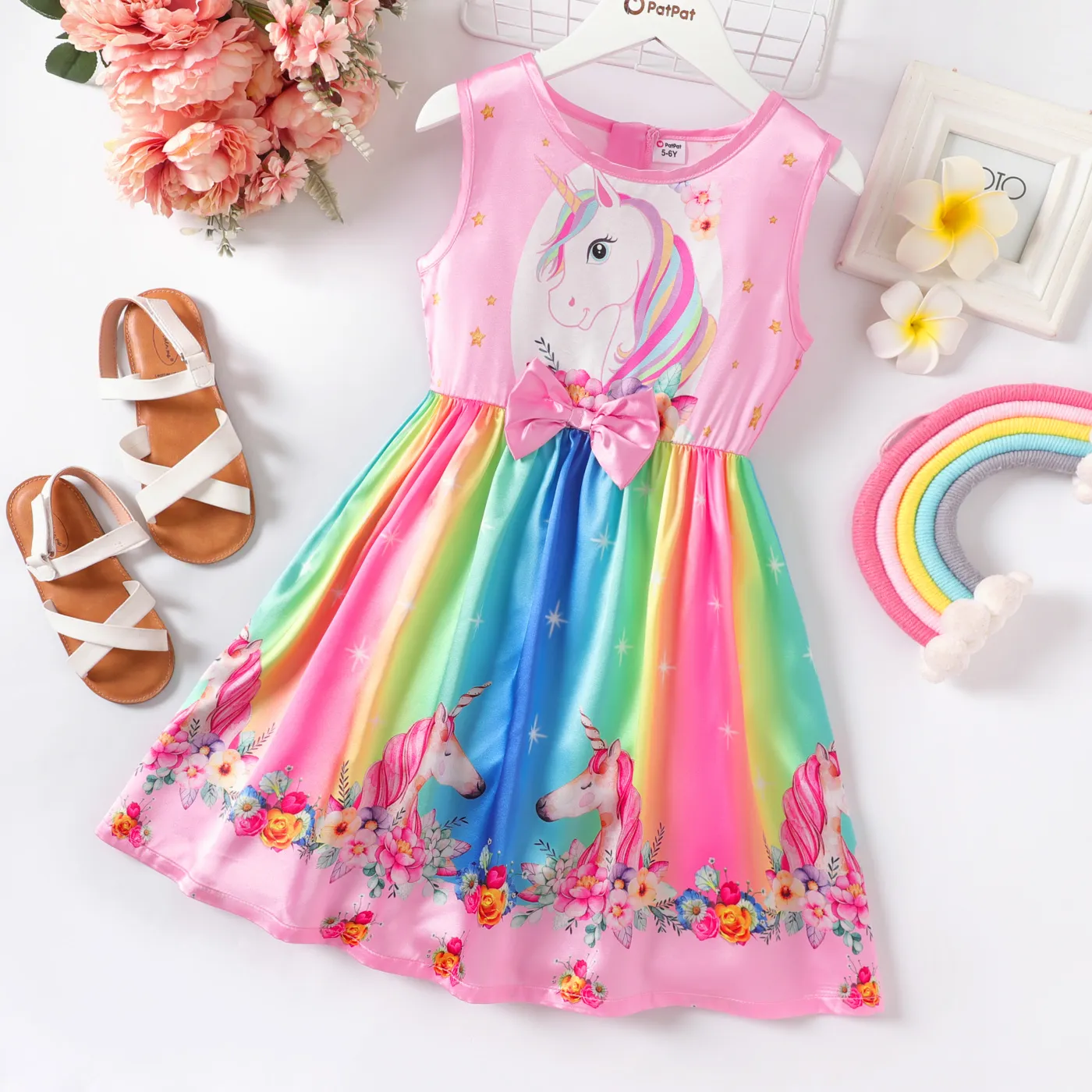 

Kid Girl Rainbow Unicorn Print Tank Dress