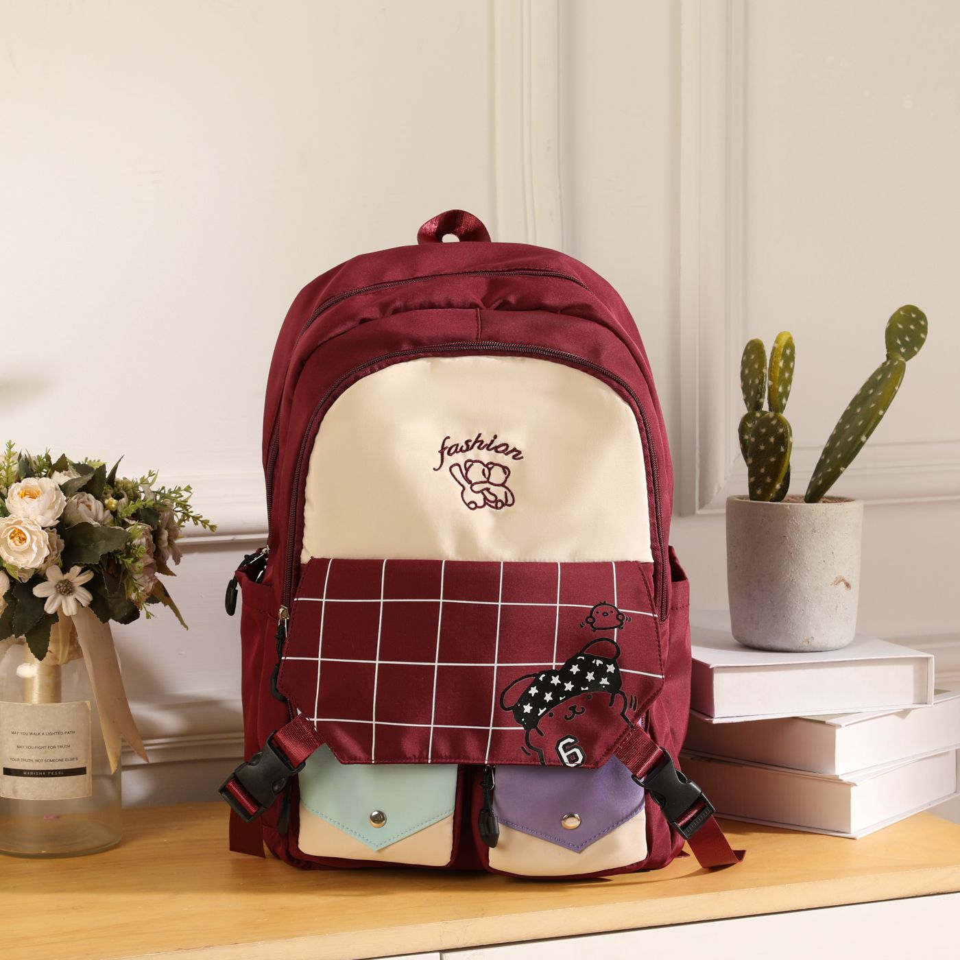 

Kid Plaid Contrast Color Multi-functional Large-capacity Double Backpack