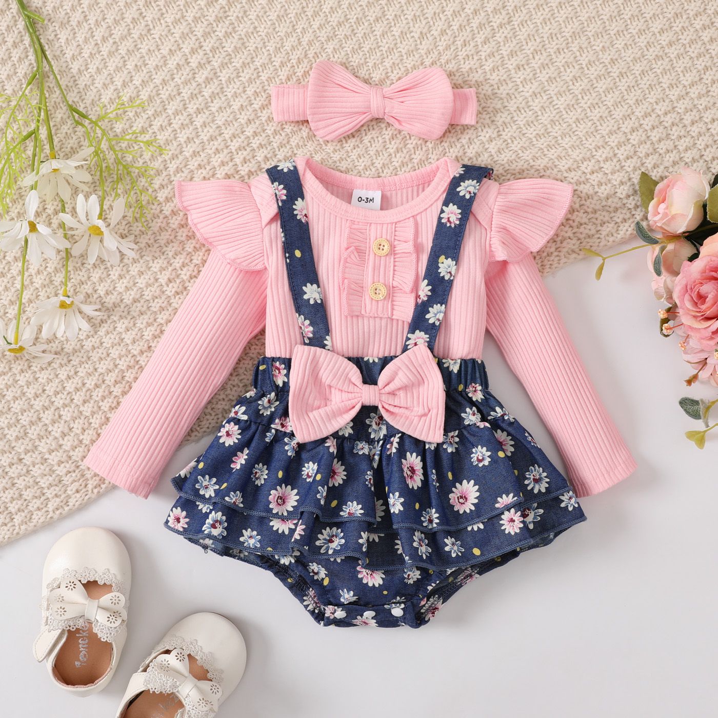 

3pcs Baby Girl 95% Cotton Ruffle Long-sleeve Ribbed Romper & 100% Cotton Allover Floral Print Bow Decor Suspender Skirt & Headband Set