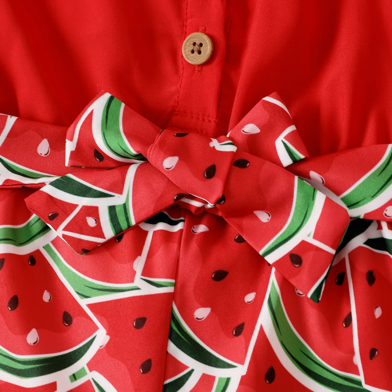 Baby Girl Front Buttons Watermelon Print Ruffle Belted Strappy Romper Red big image 1