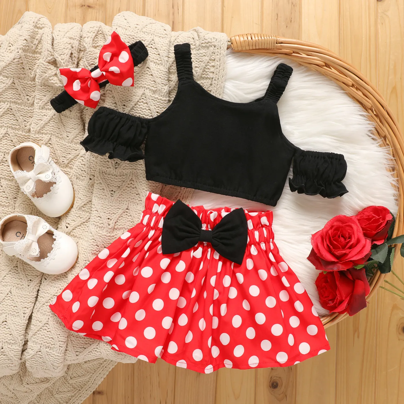 3pcs Baby Girl 95% Cotton Cold Shoulder Cami Top and Bow Front Polka Dots Skirt & Headband Set  big image 1