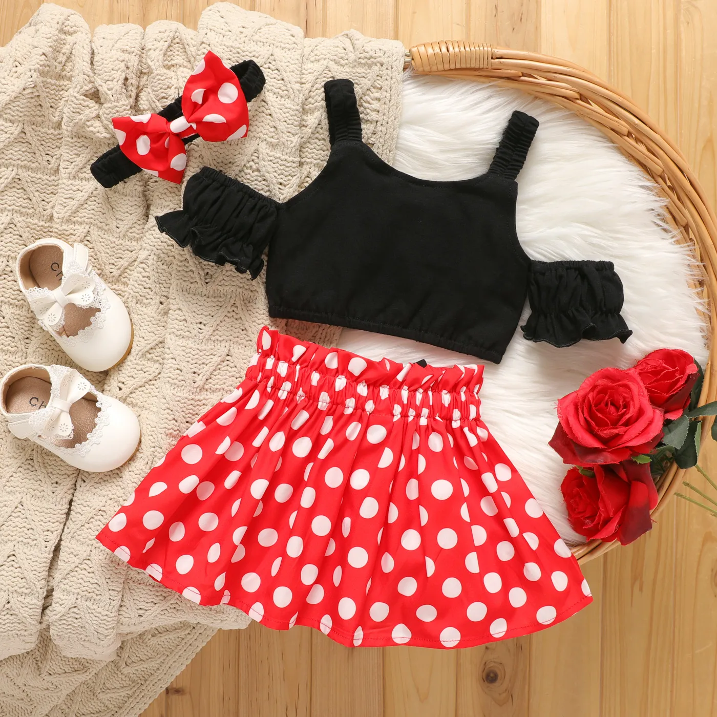 3pcs Baby Girl 95% Cotton Cold Shoulder Cami Top and Bow Front Polka Dots Skirt & Headband Set  image 2