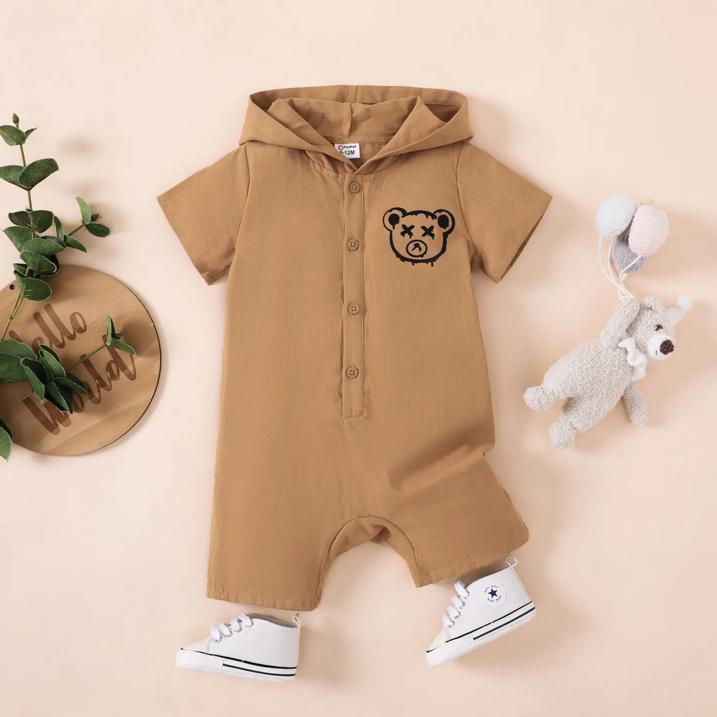 Baby Boy 100% Cotton Bear Graphic Button Placket Hooded Jumpsuit