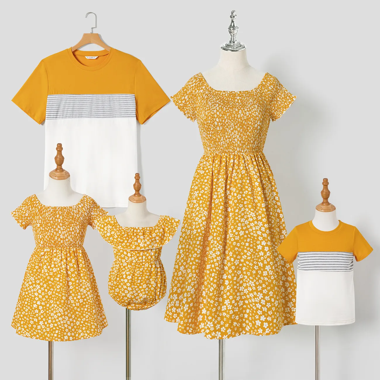 Family Matching Allover Floral Print Off-Shoulder Smocked Dresses and Stripe Panel Colorblock Short-sleeve T-shirts Sets Yellow big image 1