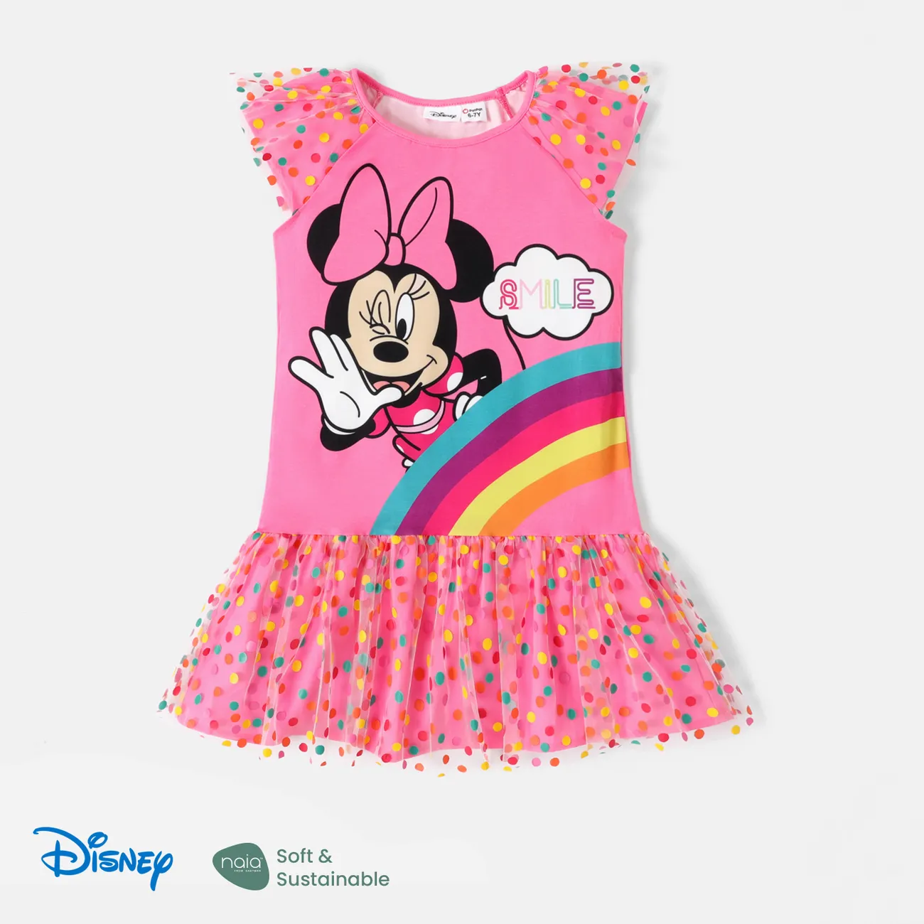 迪士尼幼兒/兒童女孩奈亞™波爾卡圓點網眼下擺飄逸袖連衣裙 粉色的 big image 1