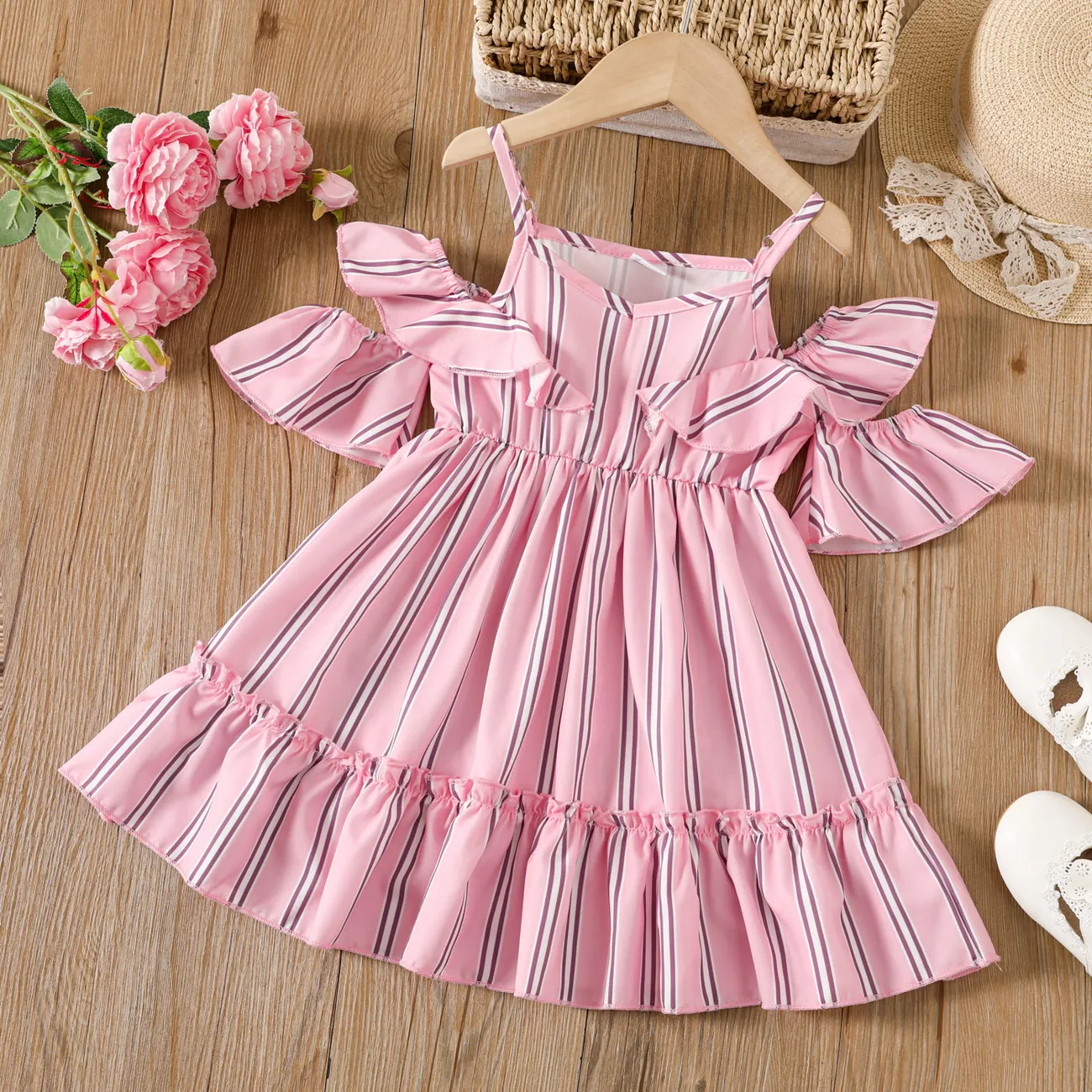 Toddler Girl Pink Stripe Print Ruffled Slip Dress   big image 1