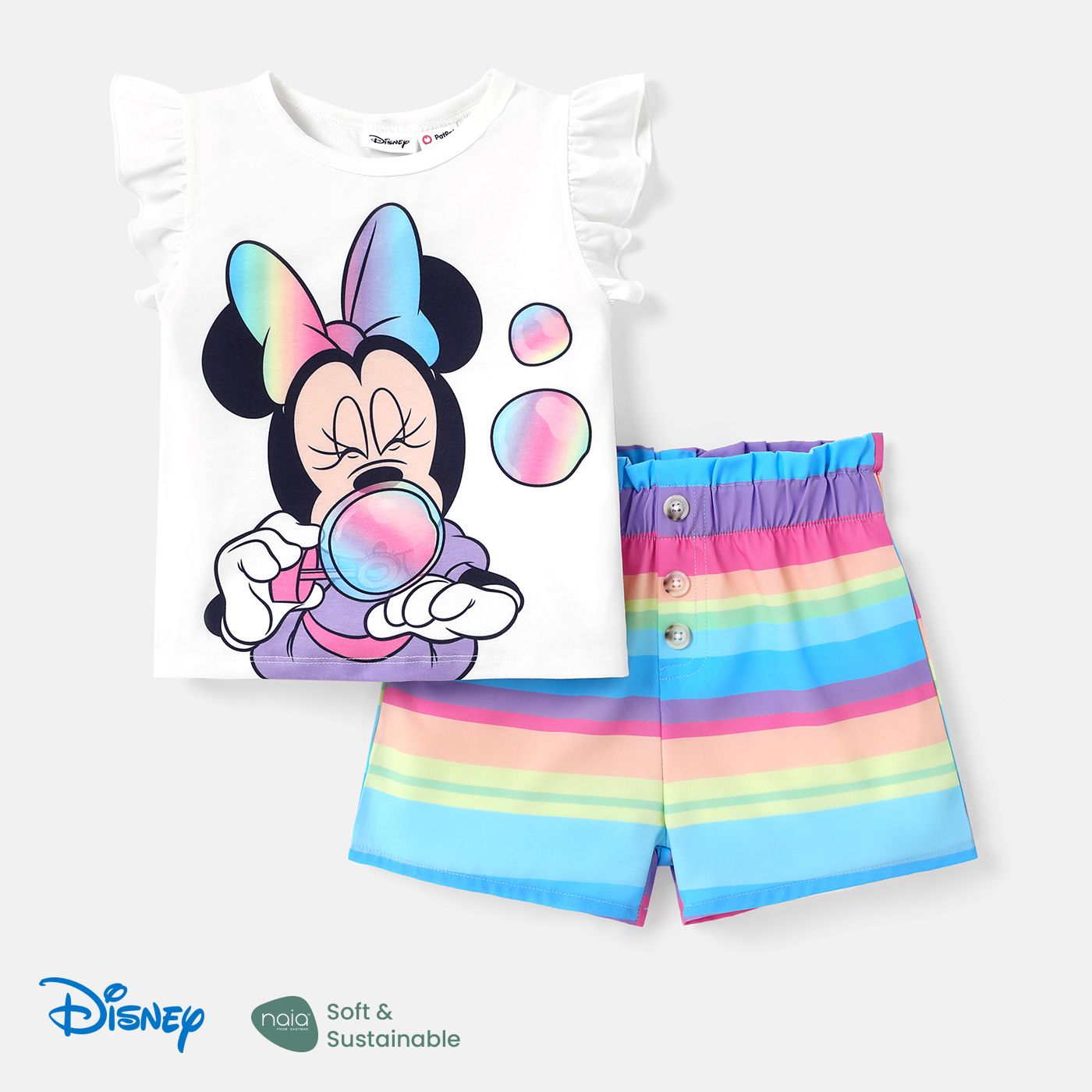 

Disney Mickey and Friends Toddler/Kid Girl 2pcs Naia™ Character Print Flutter-sleeve Tee and Colorful Stripe Shorts Set