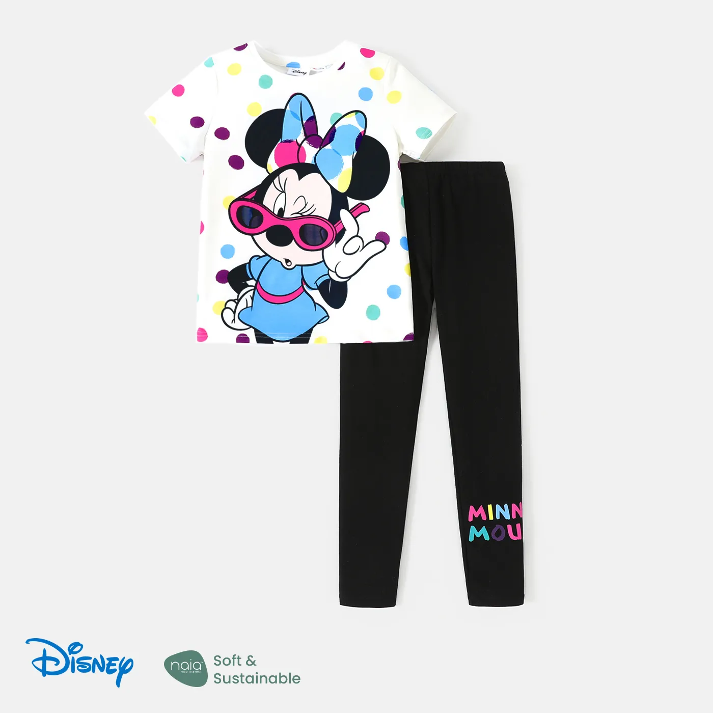 

Disney Mickey and Friends Toddler/Kid Girl/Boy 2pcs Naia™ Character & Polka Dots Print Tee and Letter Print Leggings Set
