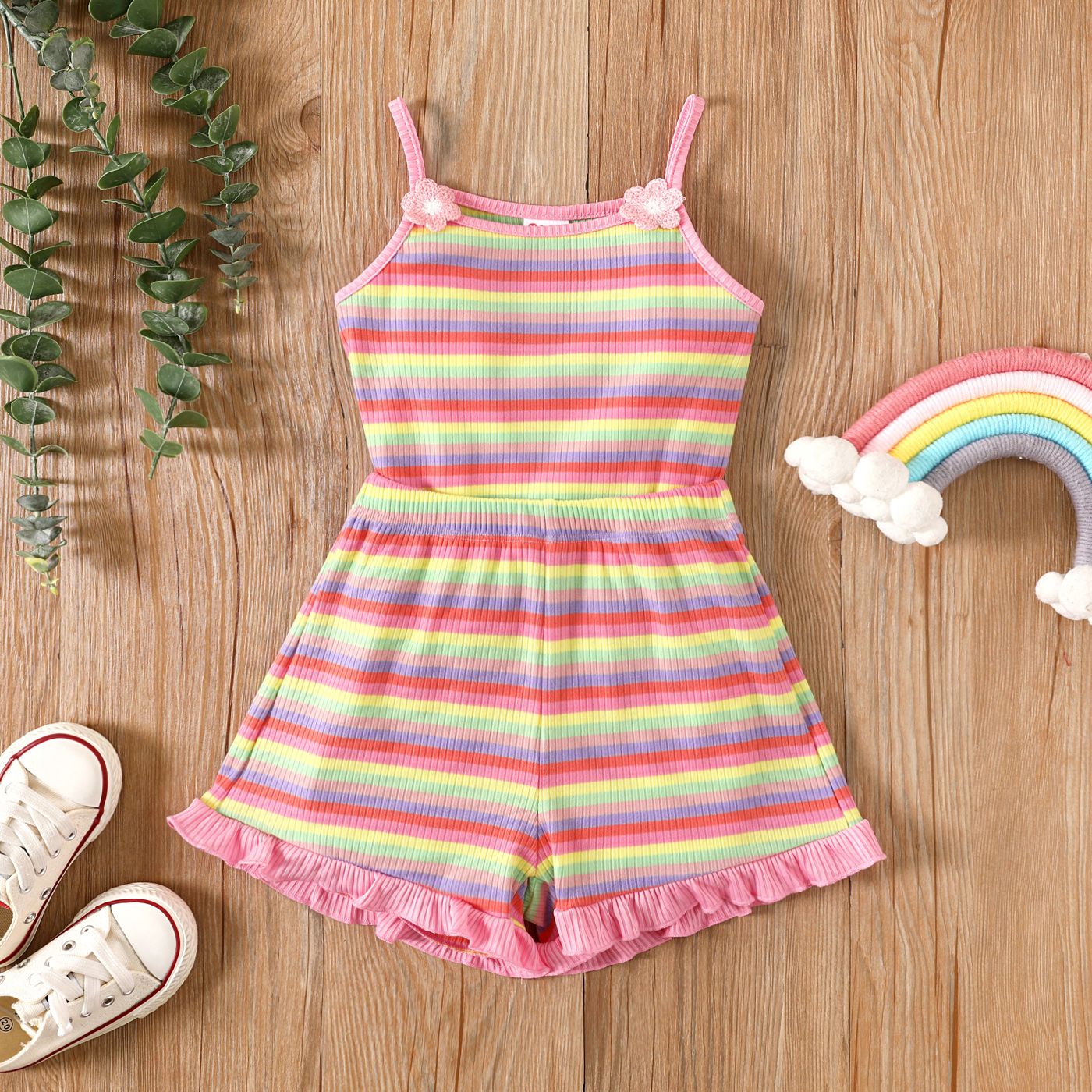 2pcs Toddler Girl Floral Decor Colorful Stripe Cami Top Et Ruffle Hem Shorts Set
