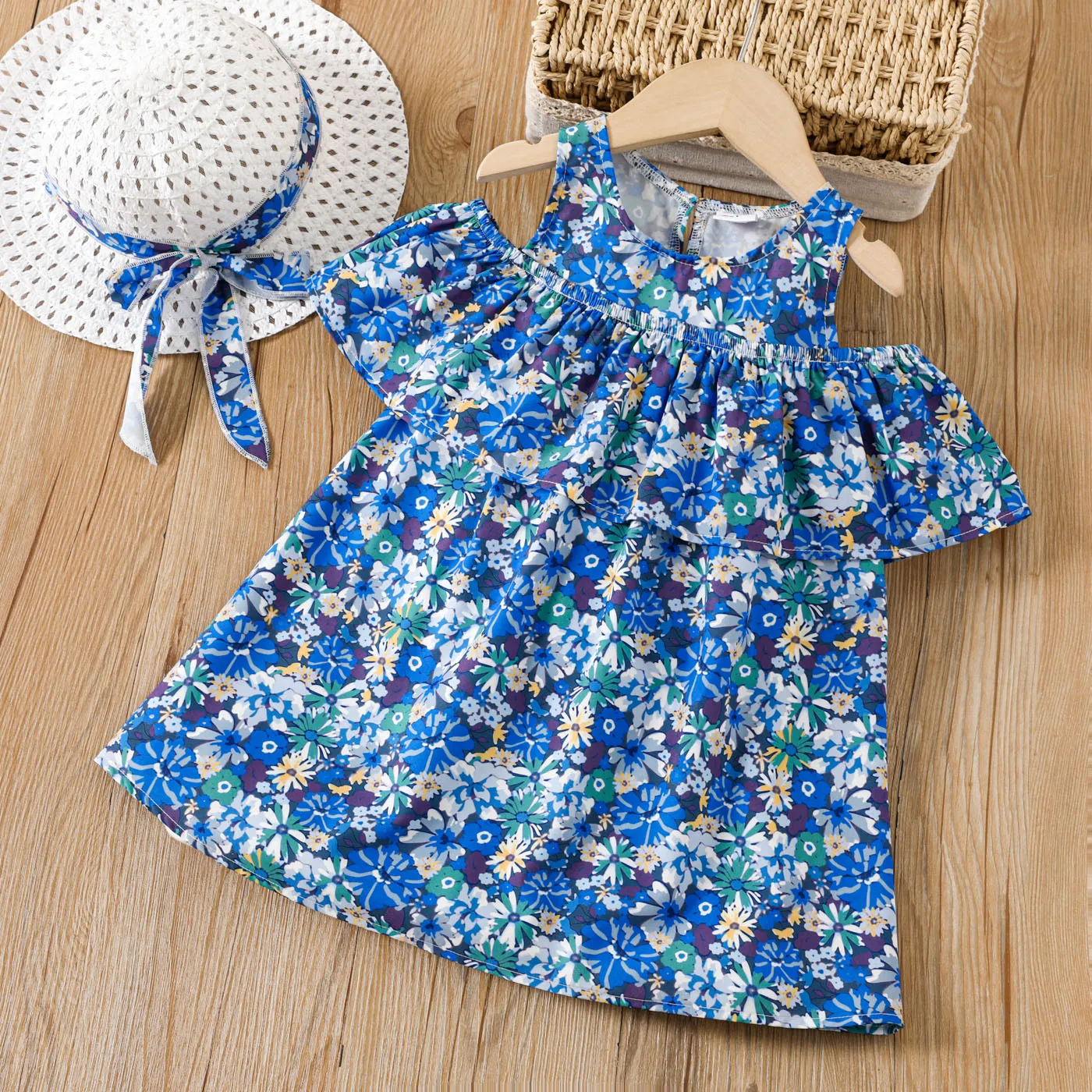 2pcs Toddler Girl Allover Floral Print Cold Shoulder Dress with Hat