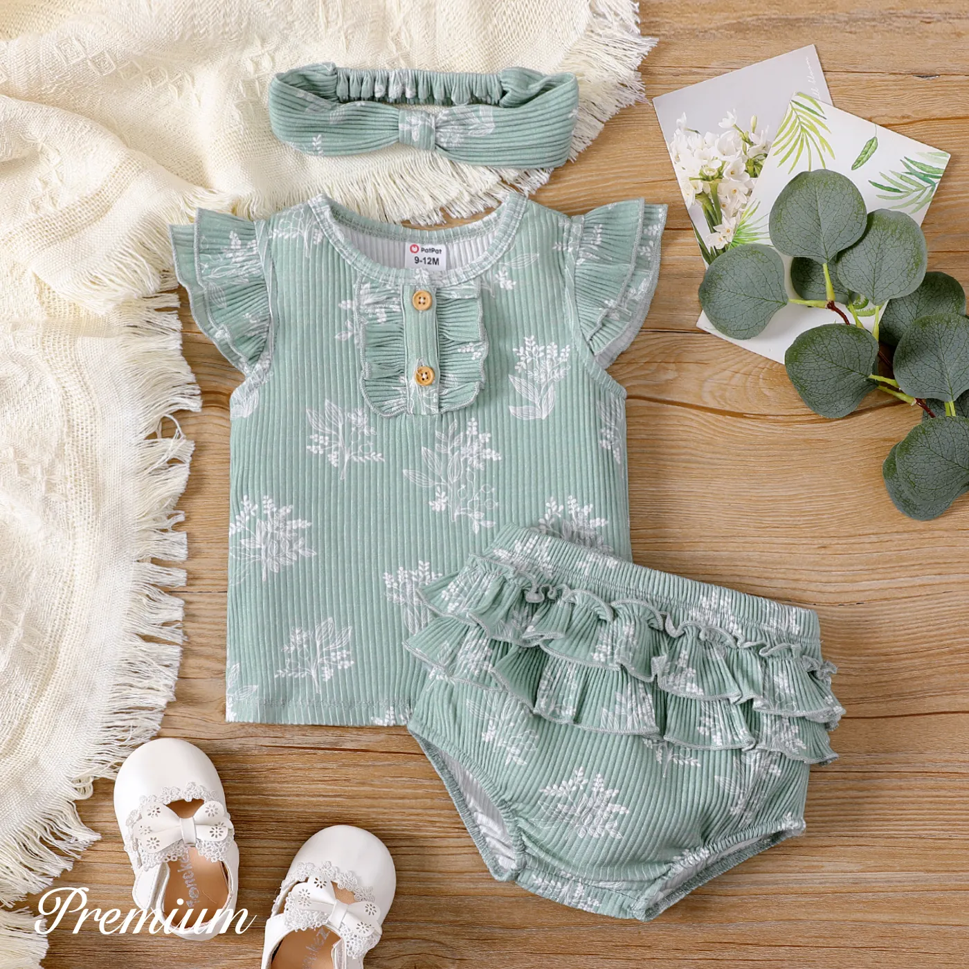<Green Vines> Baby Girl Cotton Green Ribbed Ruffled Sleeveless Series Turquoise