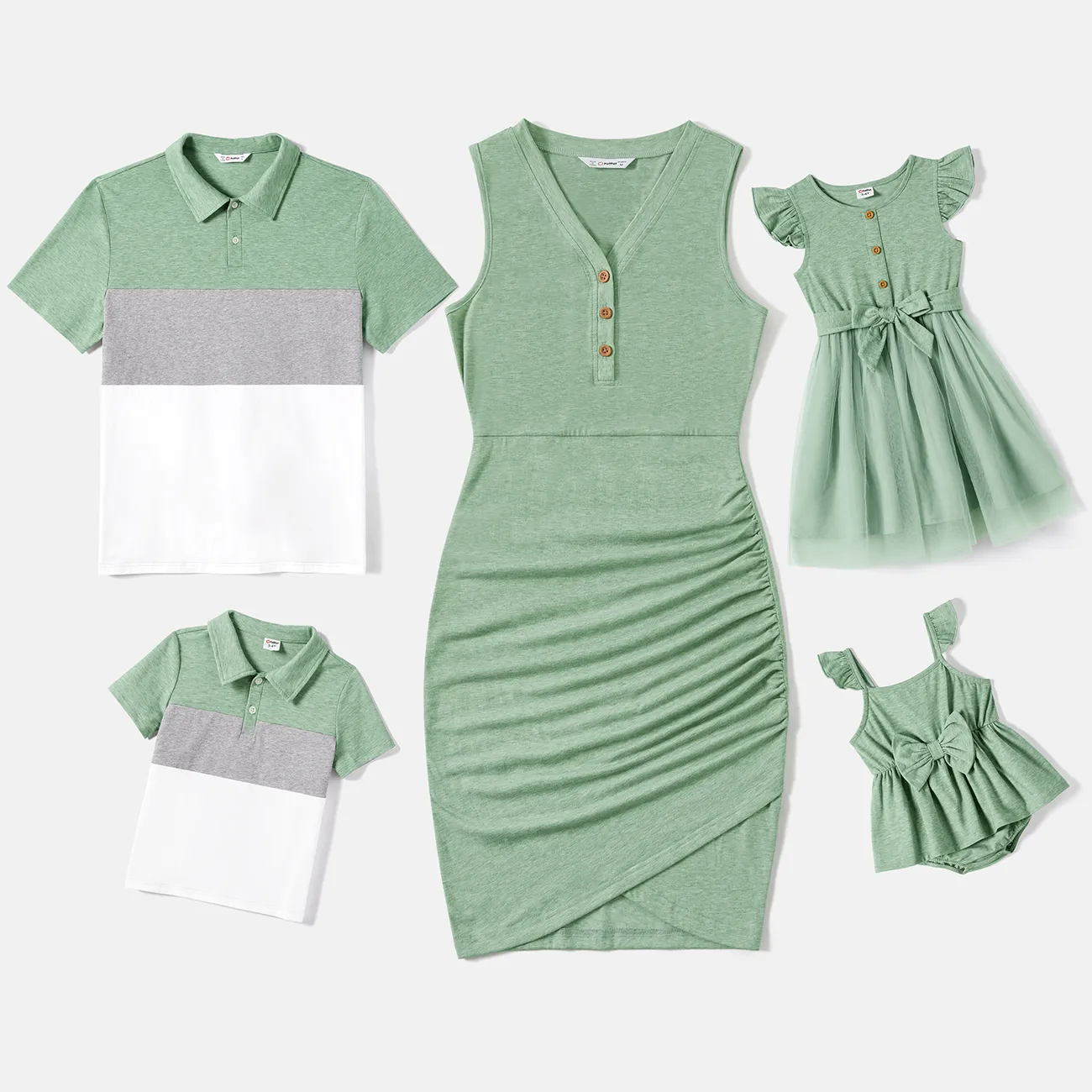 Family Matching Button Half Placket Ruched Tank Dresses and Colorblock Polo Neck T-shirts Sets Green big image 1