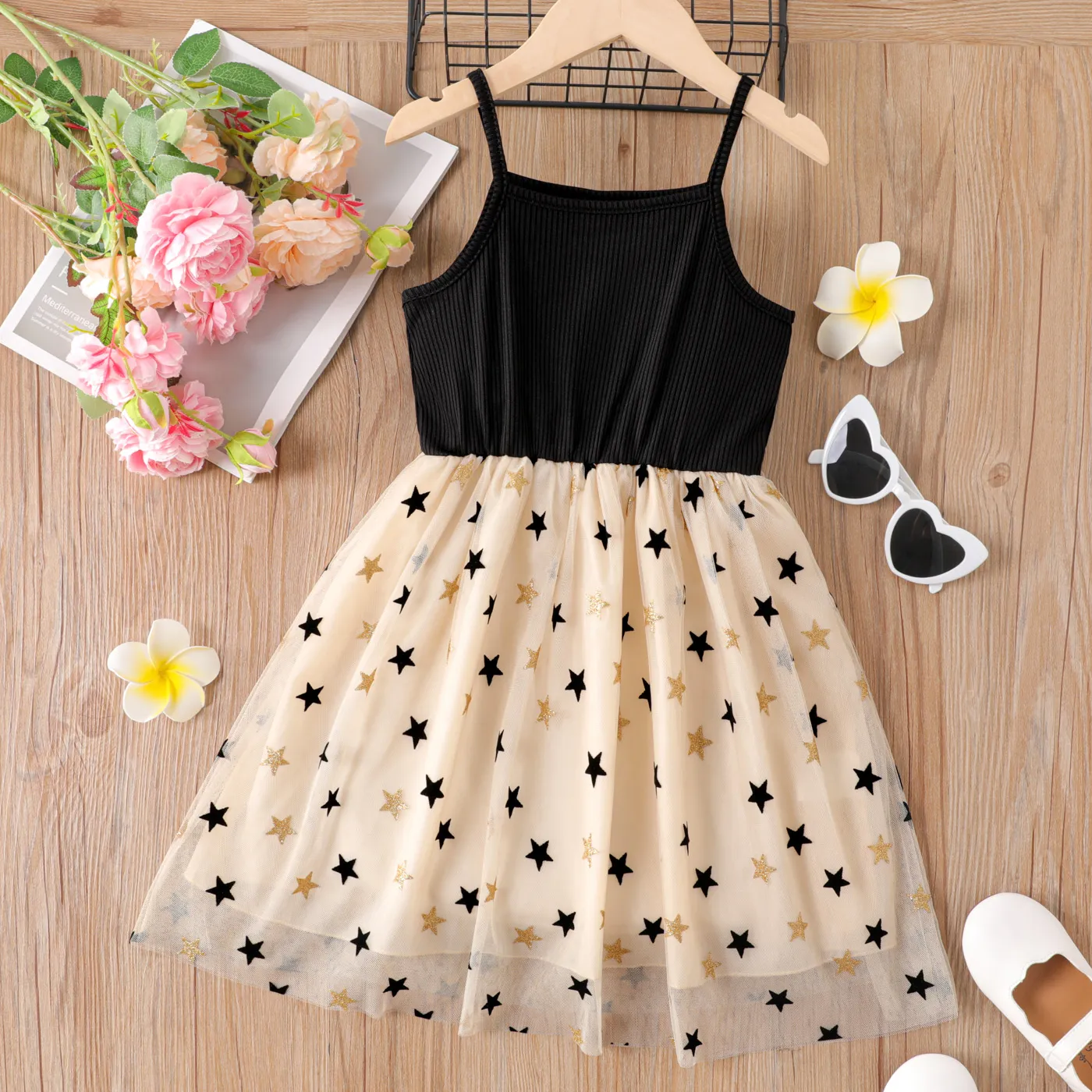Kid Girl Stars Pattern Mesh Panel Rib-knit Cami Dress  Black image 2