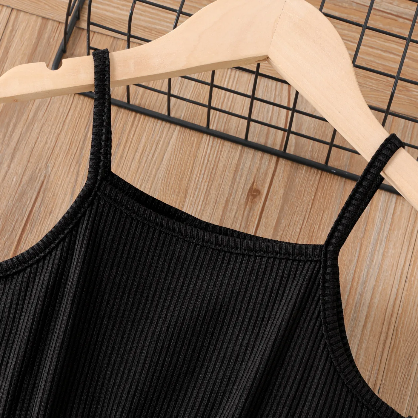 Kid Girl Stars Pattern Mesh Panel Rib-knit Cami Dress  Black image 3