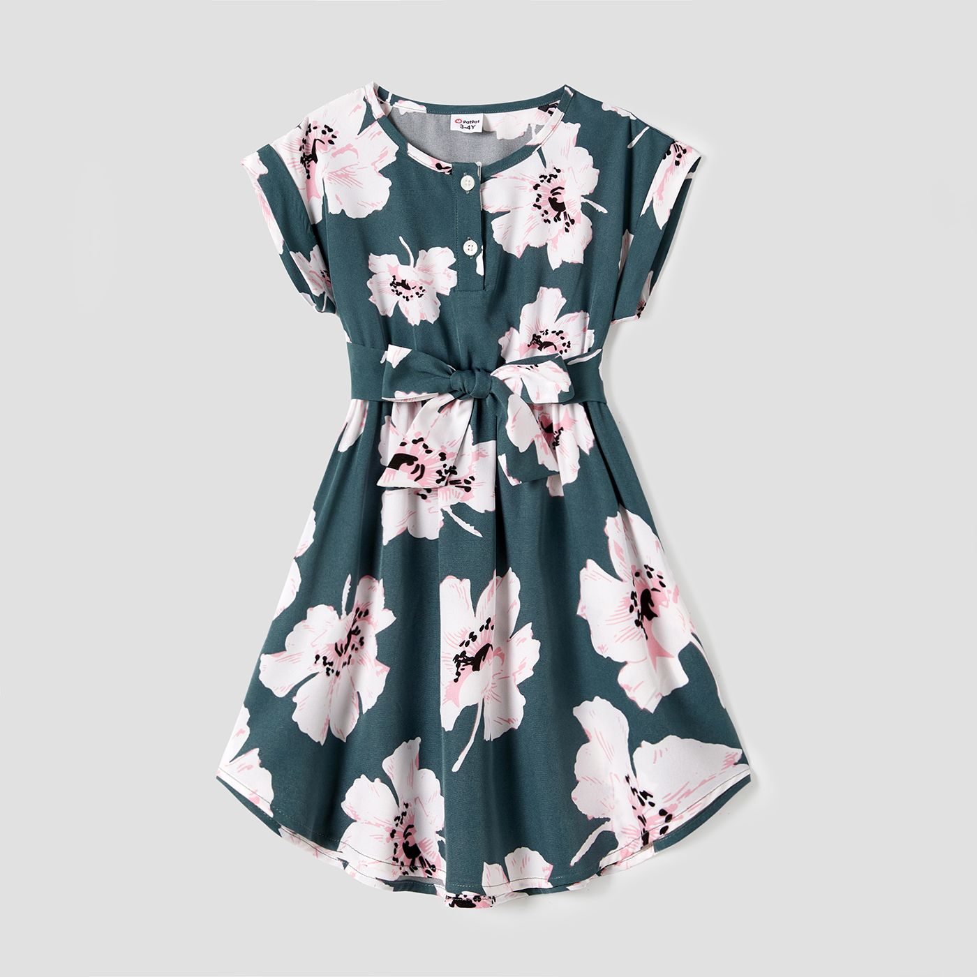 Family Matching Allover Floral Print Curved Hem Belted Dresses And Colorblock Striped T-shirts Sets