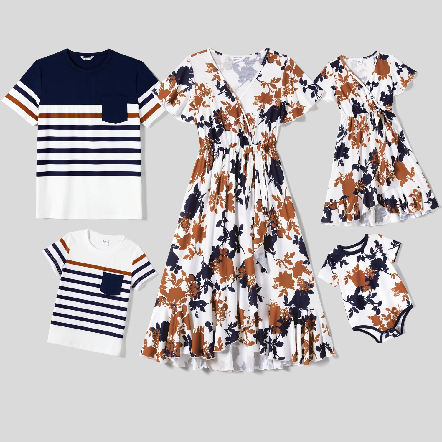 Famille Matching Allover Floral Print Ruffled Knot Side Wrap Robes Et Stripe Panel Manches Courtes T-shirts Sets
